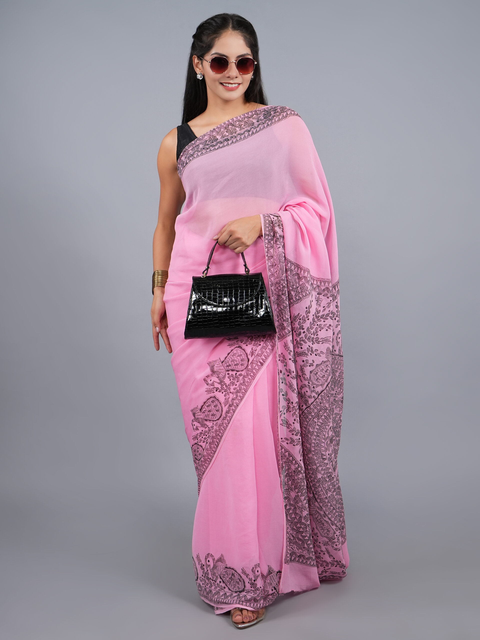 PINK MADHUBANI BLACK WORK CHIFFON SAREE