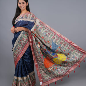 BLUE BANDHEJ, BANARSI AND MADHUBANI MULTICOLOR WORK TUSSER SILK SAREE