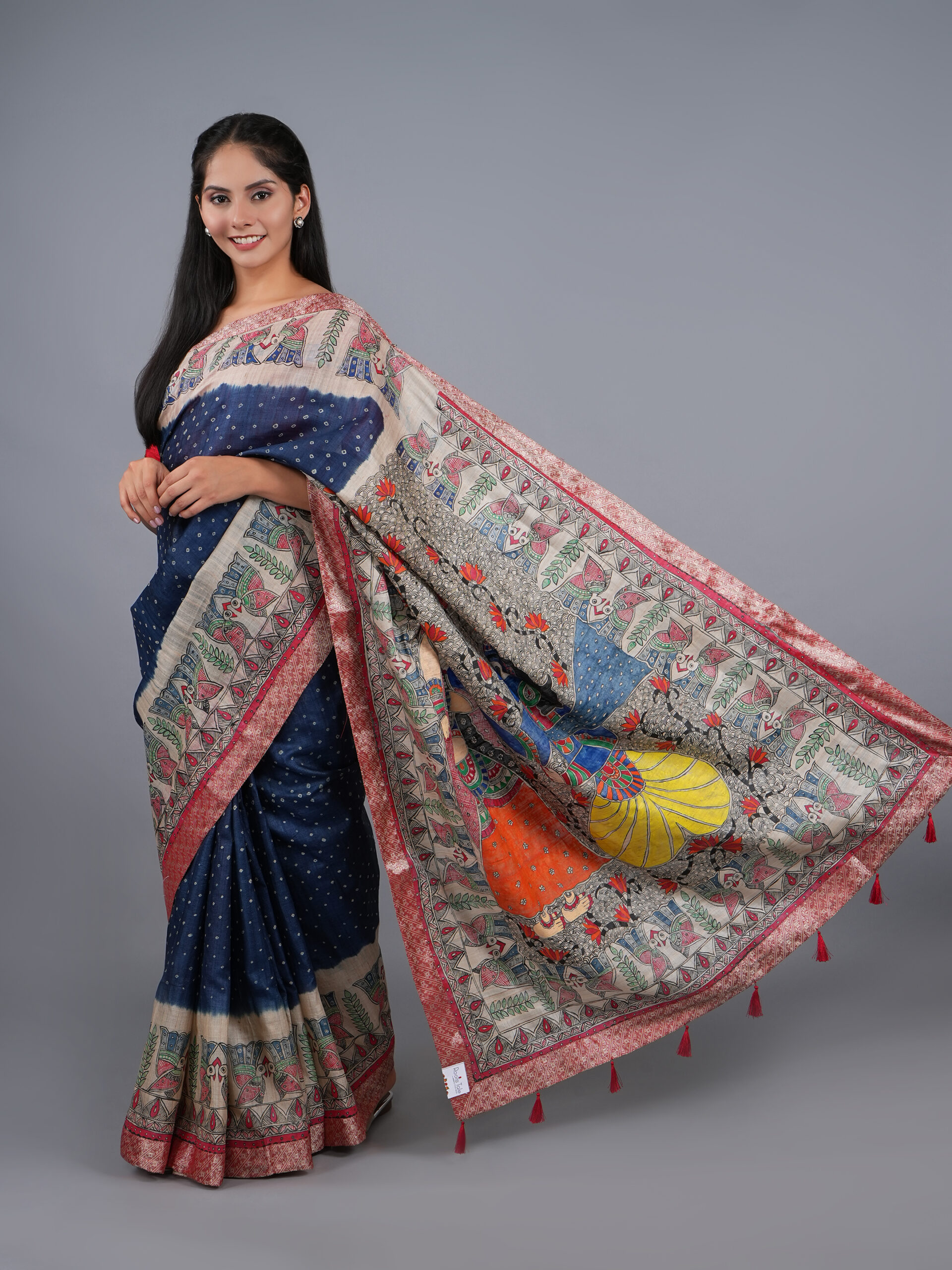 BLUE BANDHEJ, BANARSI AND MADHUBANI MULTICOLOR WORK TUSSER SILK SAREE