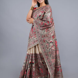 BEIGE COLOR MADHUBANI MULTICOLOR WORK TUSSER SILK SAREE