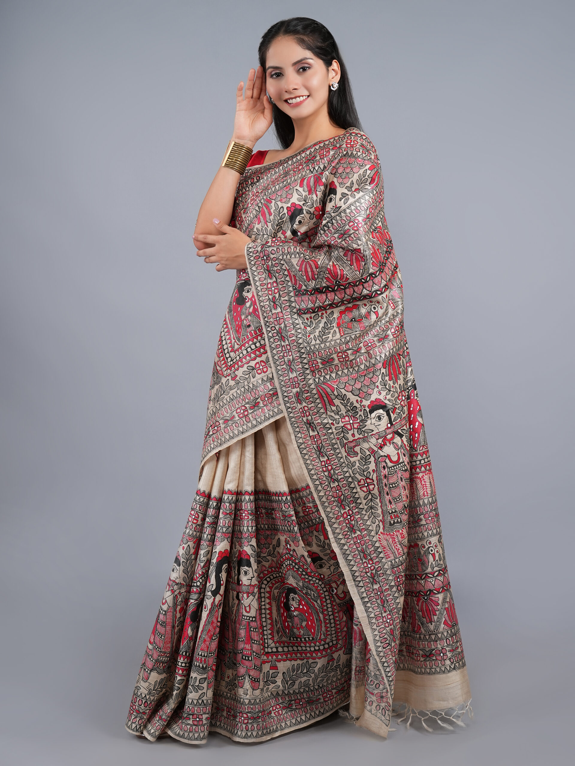 BEIGE COLOR MADHUBANI MULTICOLOR WORK TUSSER SILK SAREE