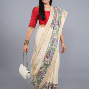 BEIGE COLOR MADHUBANI MULTICOLOR WORK TUSSER SILK SAREE