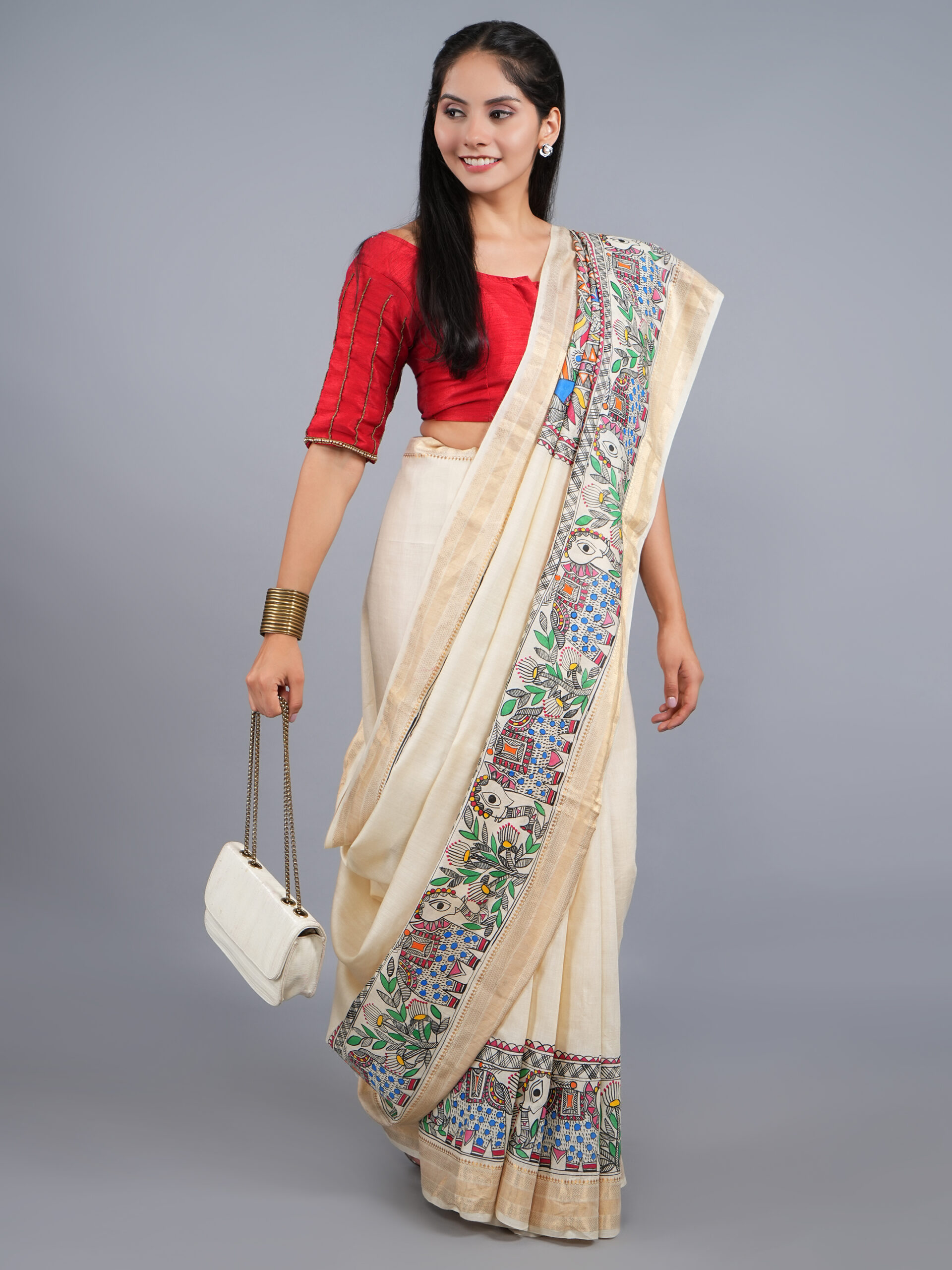 BEIGE COLOR MADHUBANI MULTICOLOR WORK TUSSER SILK SAREE