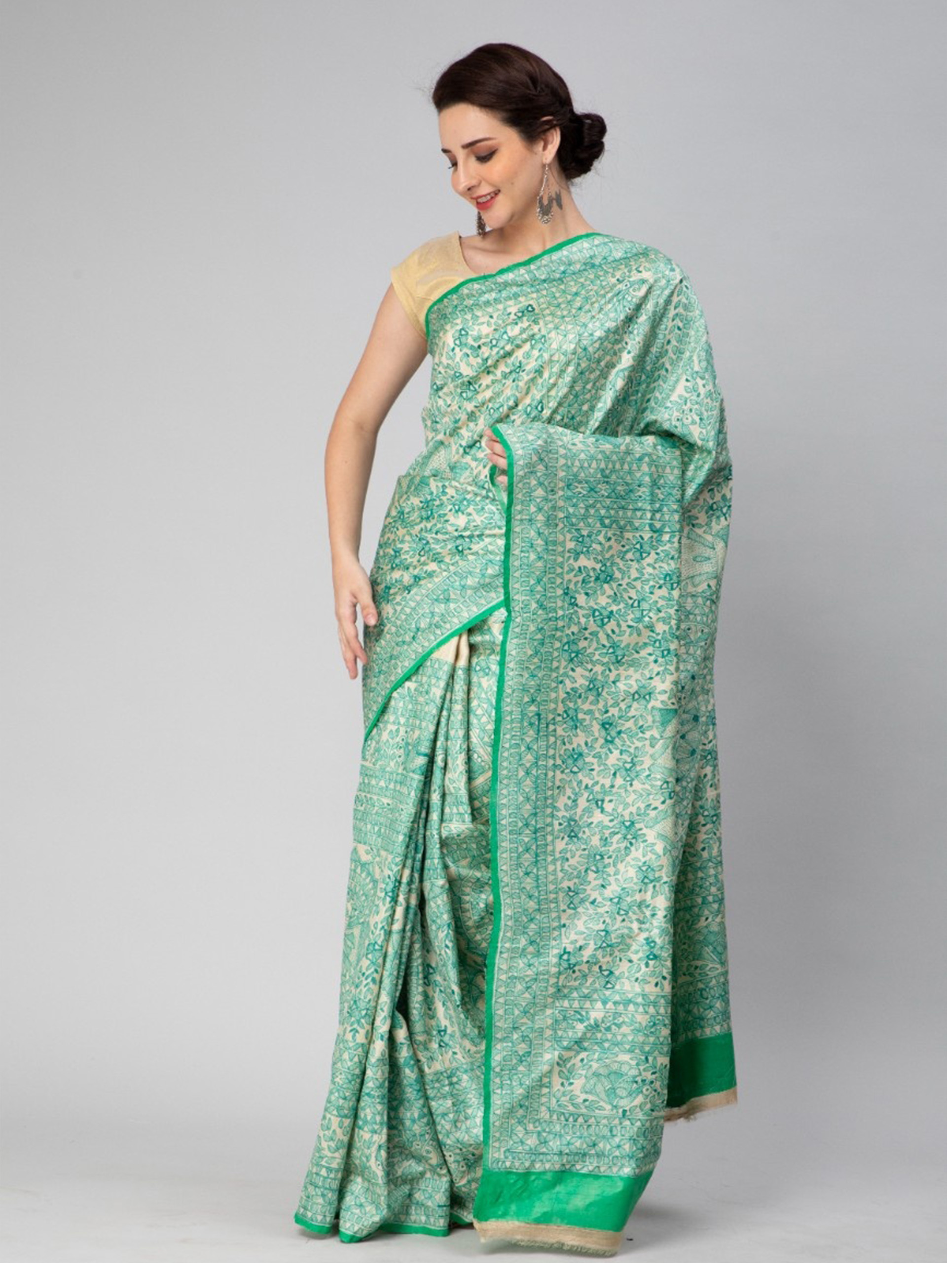 Green Madhubani Art Hand-Painted Tussar Silk Saree - Image 5