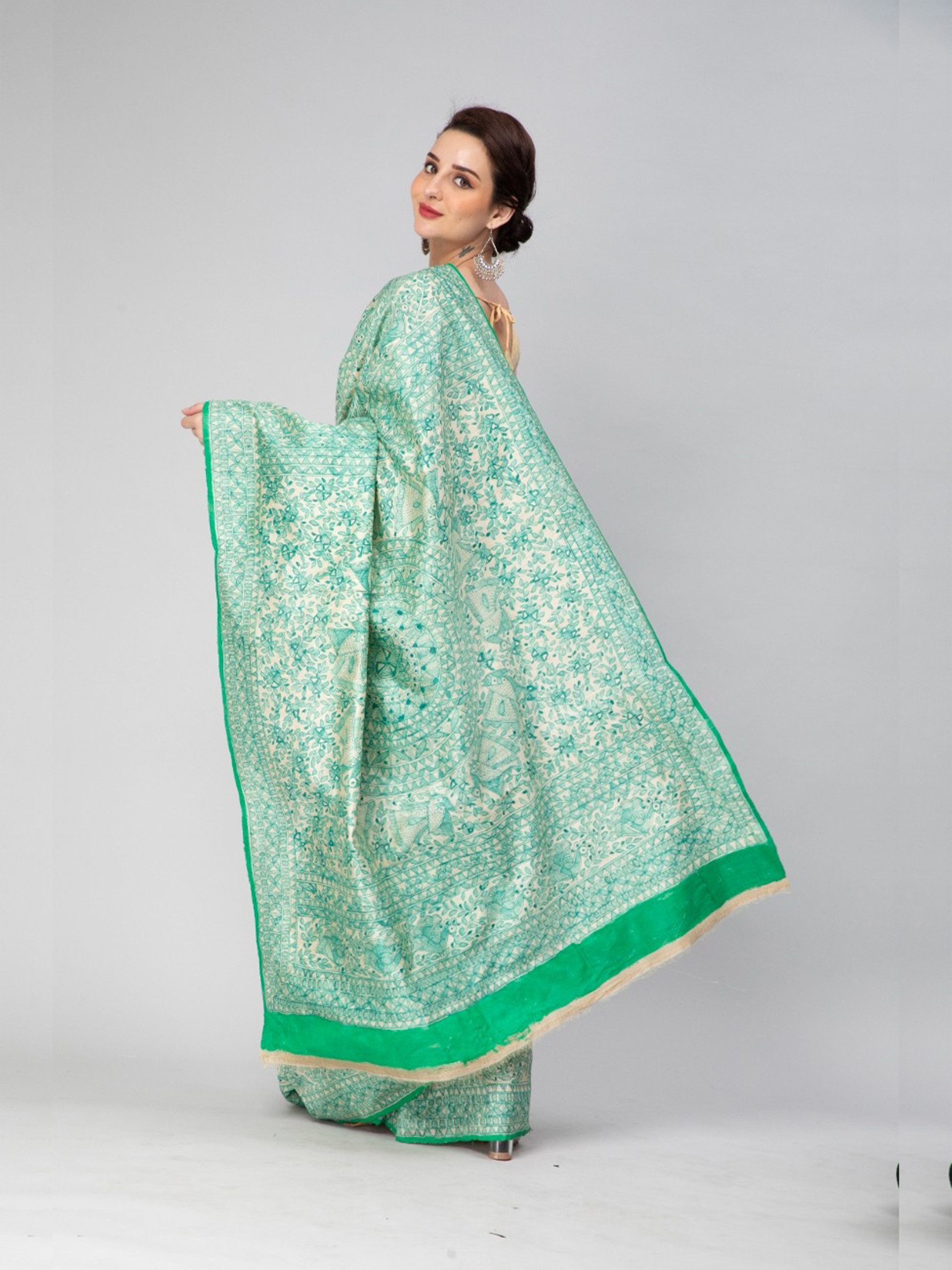Green Madhubani Art Hand-Painted Tussar Silk Saree - Image 4