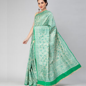 Green Madhubani Art Hand-Painted Tussar Silk Saree
