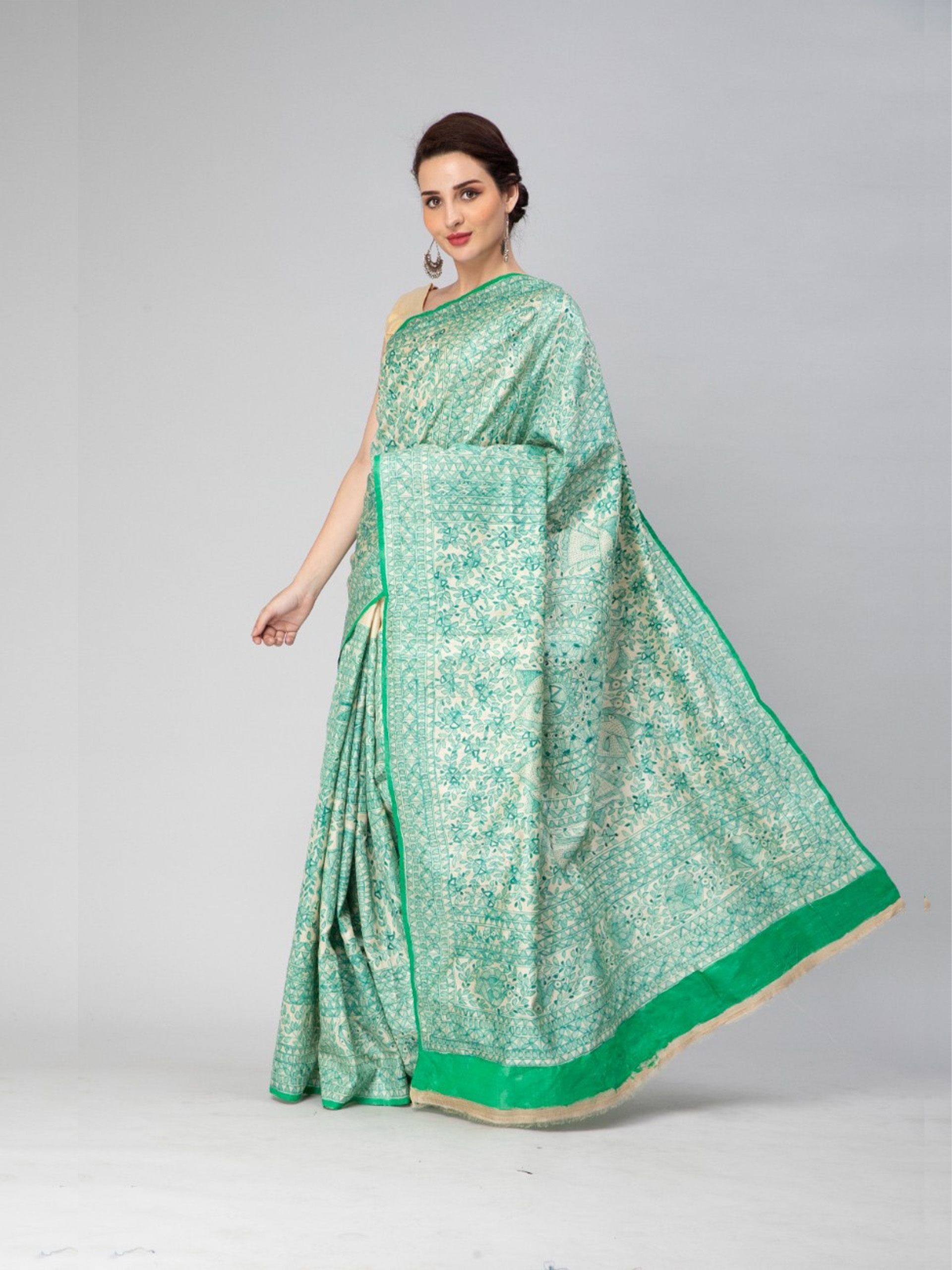 Green Madhubani Art Hand-Painted Tussar Silk Saree