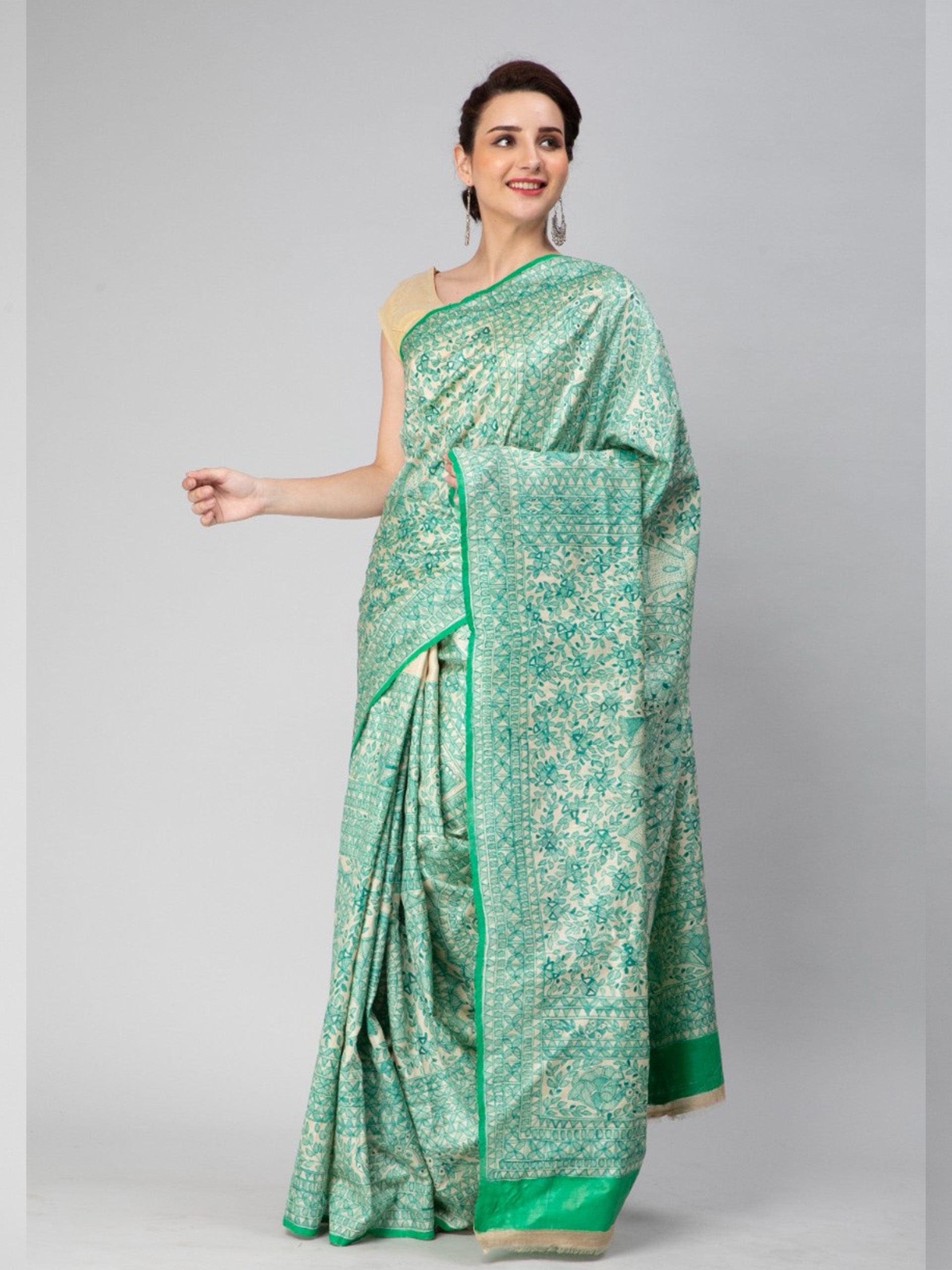 Green Madhubani Art Hand-Painted Tussar Silk Saree - Image 2
