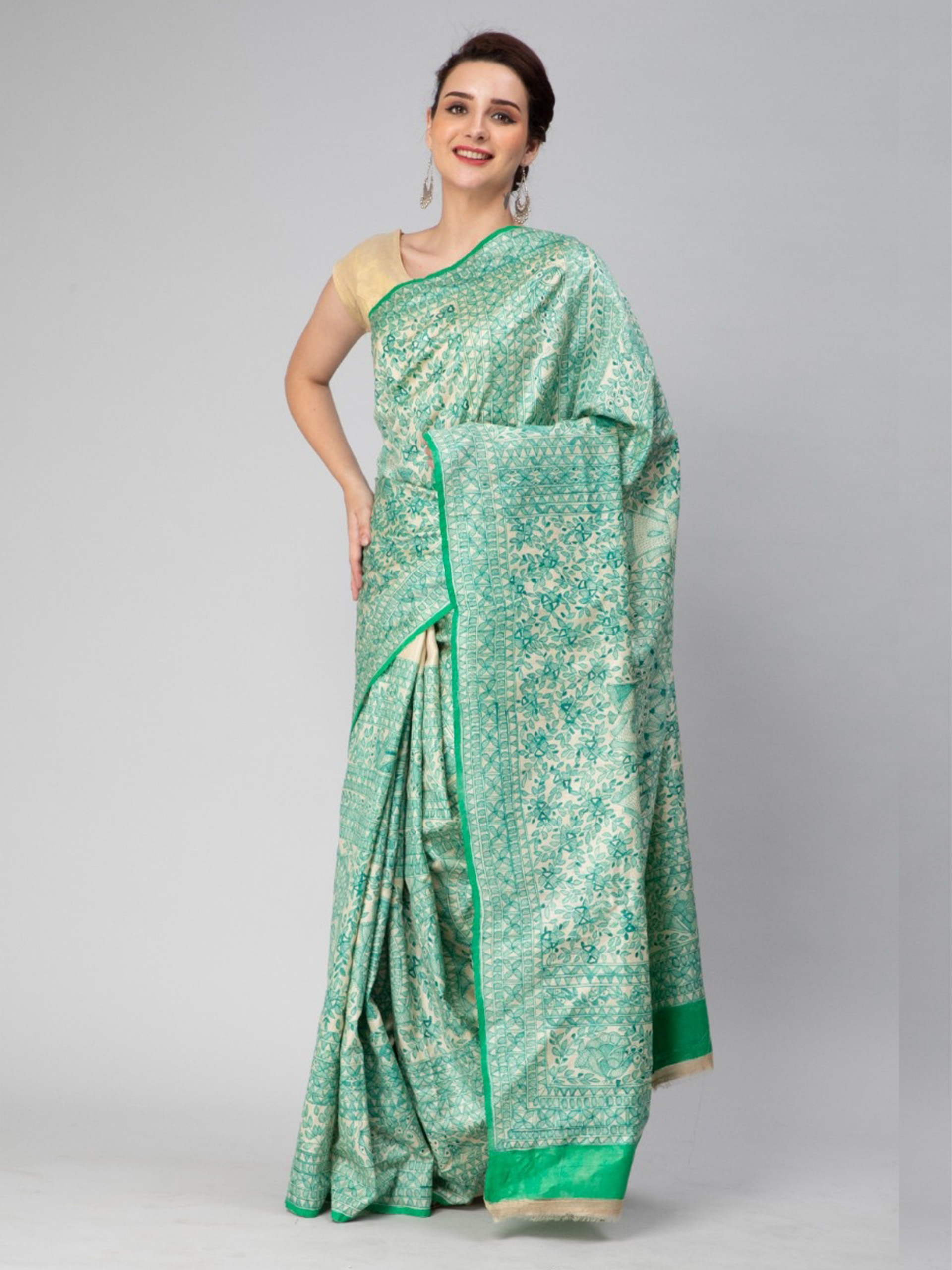 Green Madhubani Art Hand-Painted Tussar Silk Saree - Image 7