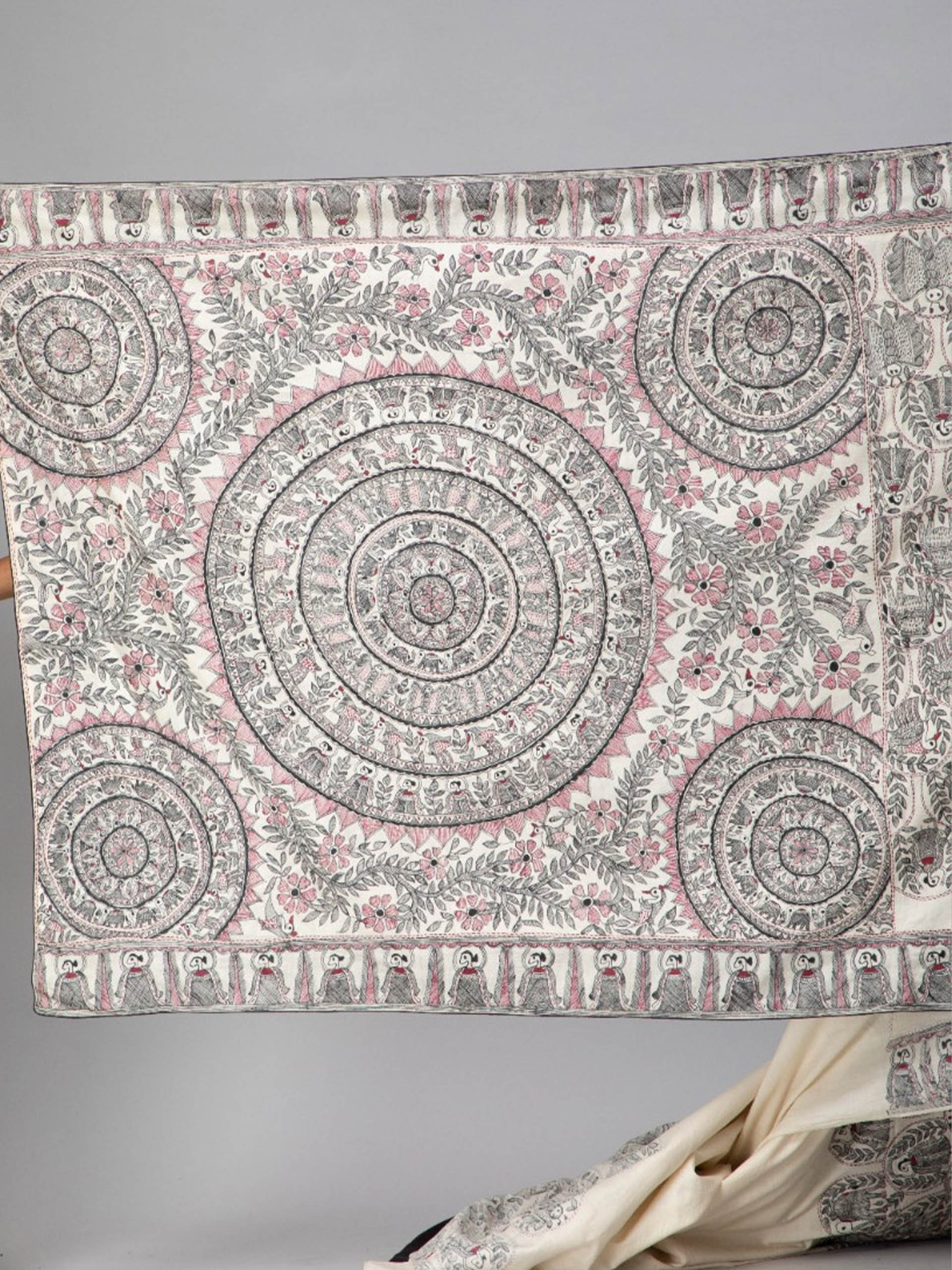 Mithila Godna Art Munga Silk Saree with Karnati Border - Image 5