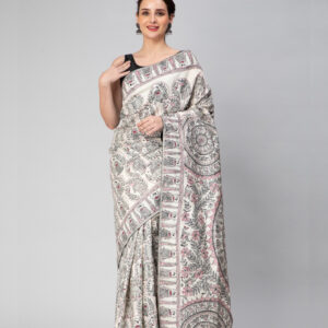 Mithila Godna Art Munga Silk Saree with Karnati Border