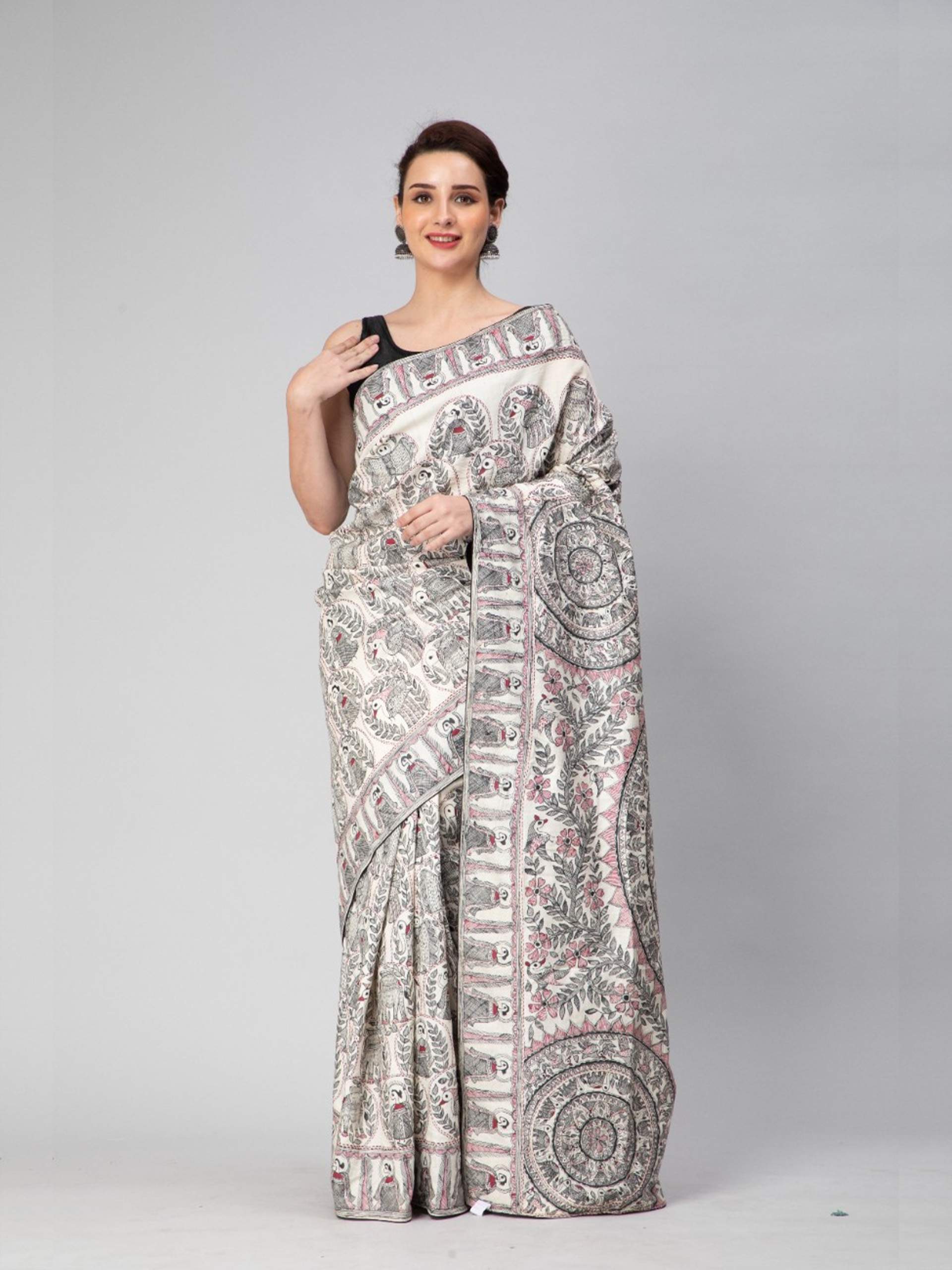 Mithila Godna Art Munga Silk Saree with Karnati Border