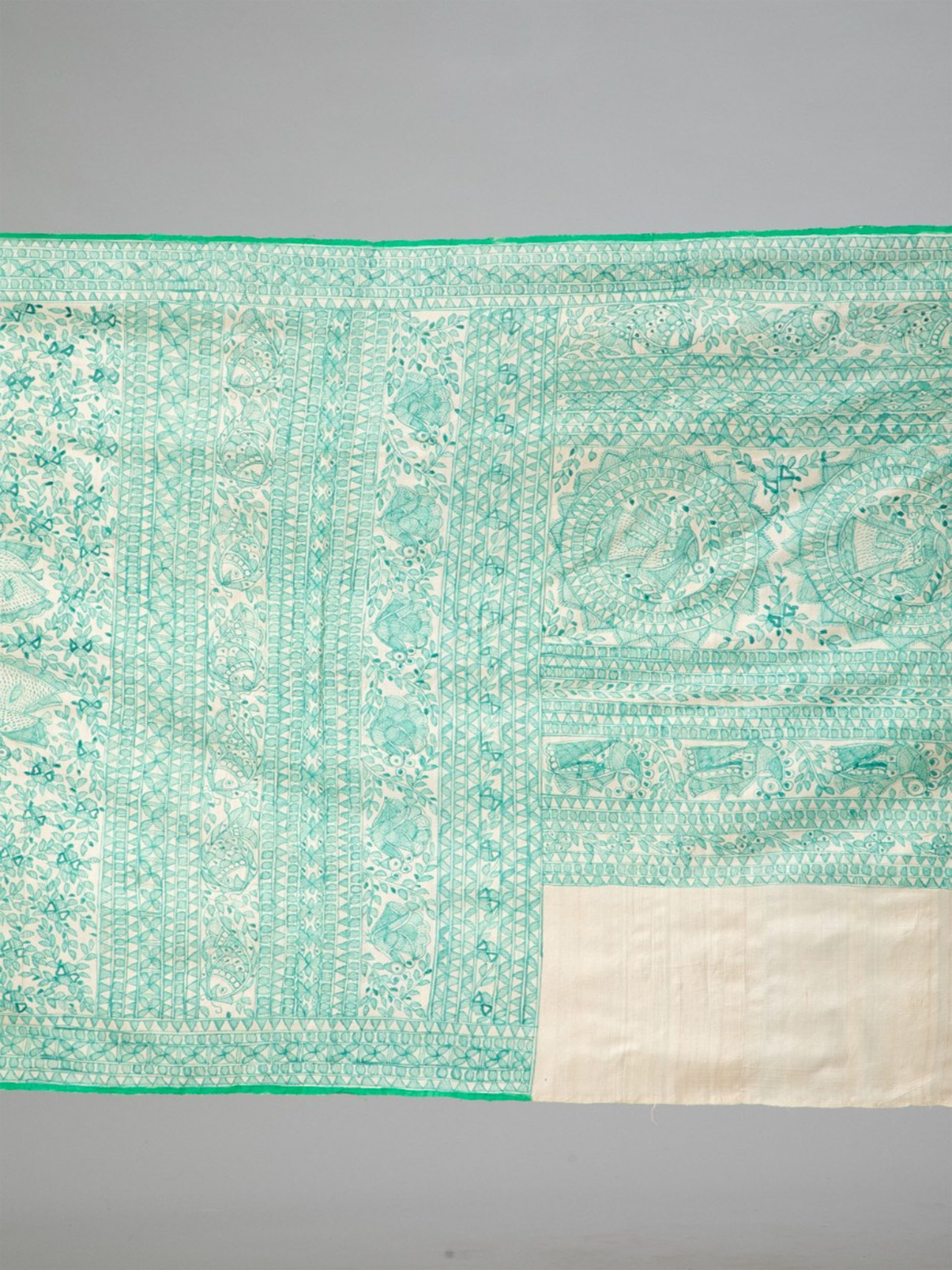 Green Madhubani Art Hand-Painted Tussar Silk Saree - Image 3