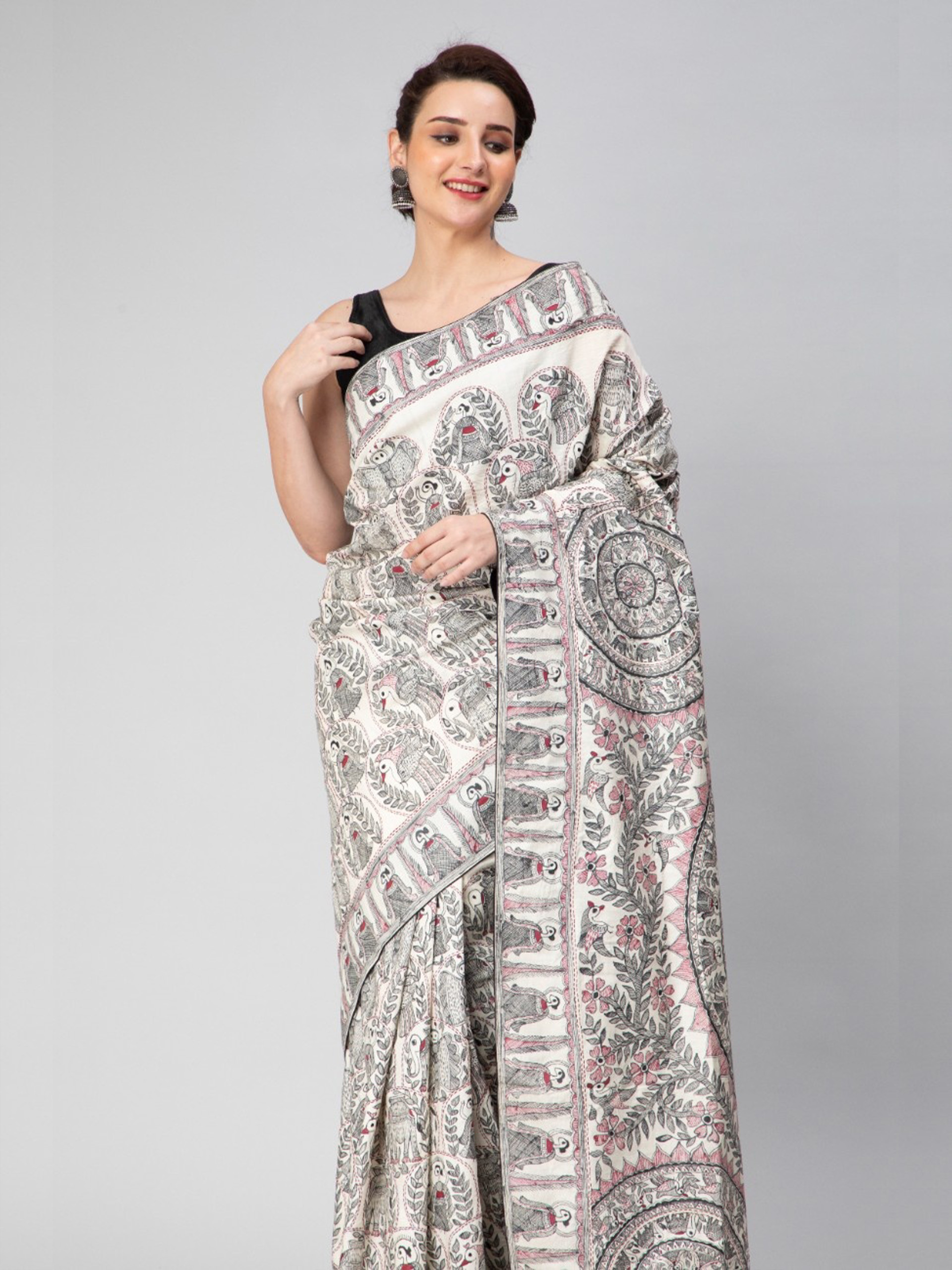 Mithila Godna Art Munga Silk Saree with Karnati Border - Image 3