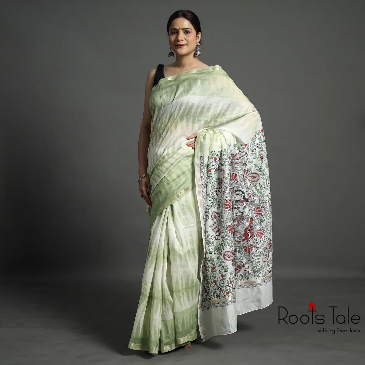 Green Madhubani & Shibori Chanderi Saree
