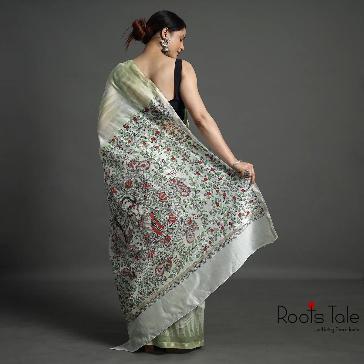 Green Madhubani & Shibori Chanderi Saree - Image 5