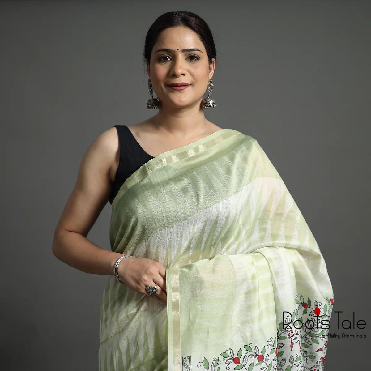 Green Madhubani & Shibori Chanderi Saree - Image 4