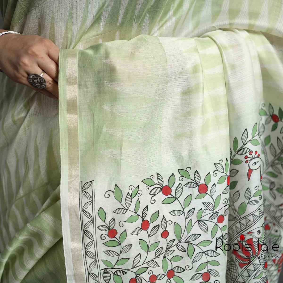 Green Madhubani & Shibori Chanderi Saree - Image 7