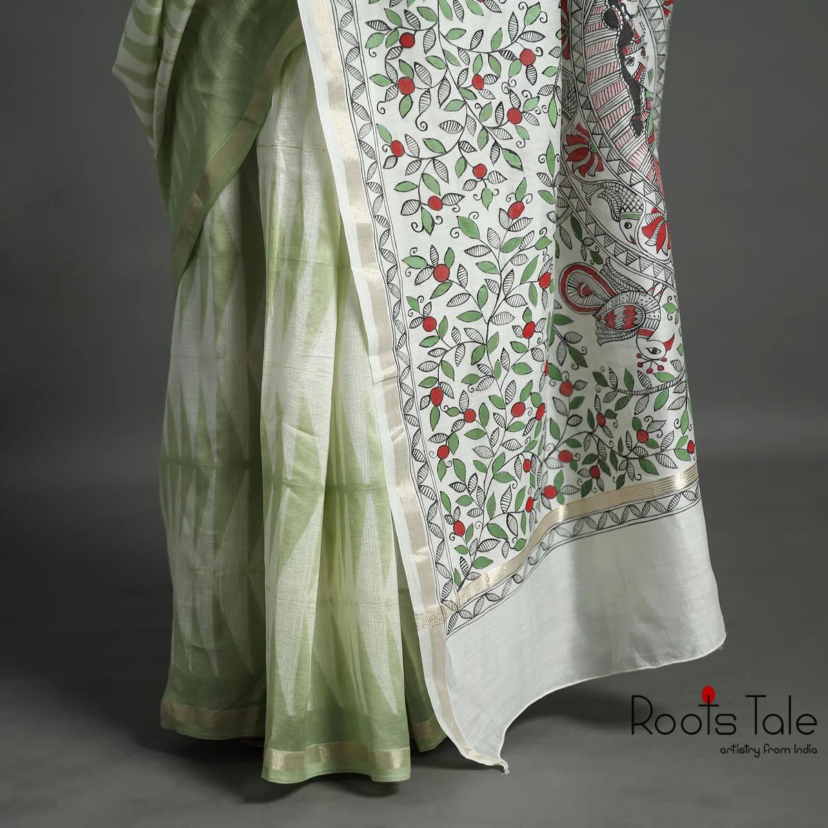 Green Madhubani & Shibori Chanderi Saree - Image 3