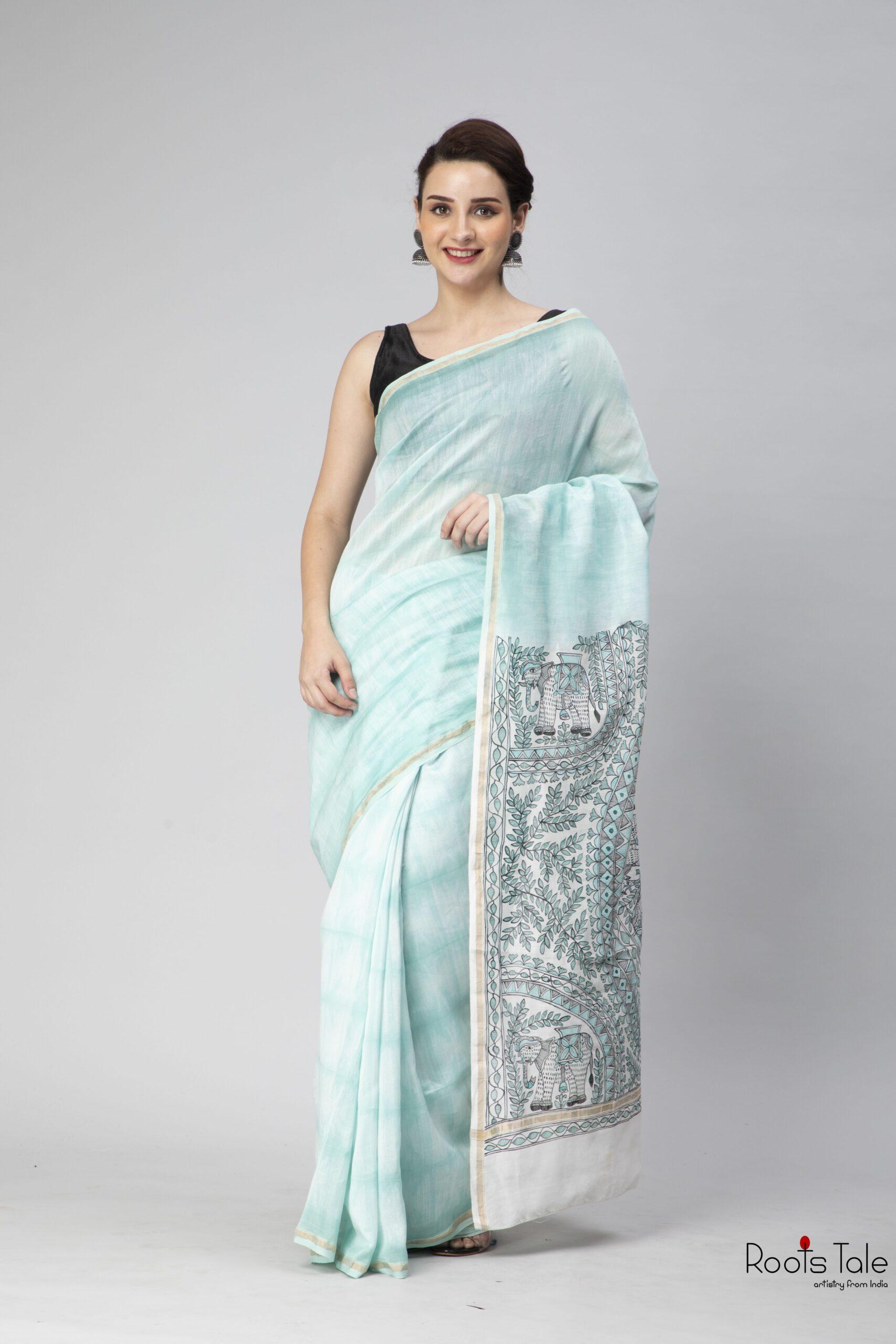 Blue Madhubani & Shibori Chanderi Saree - Image 7