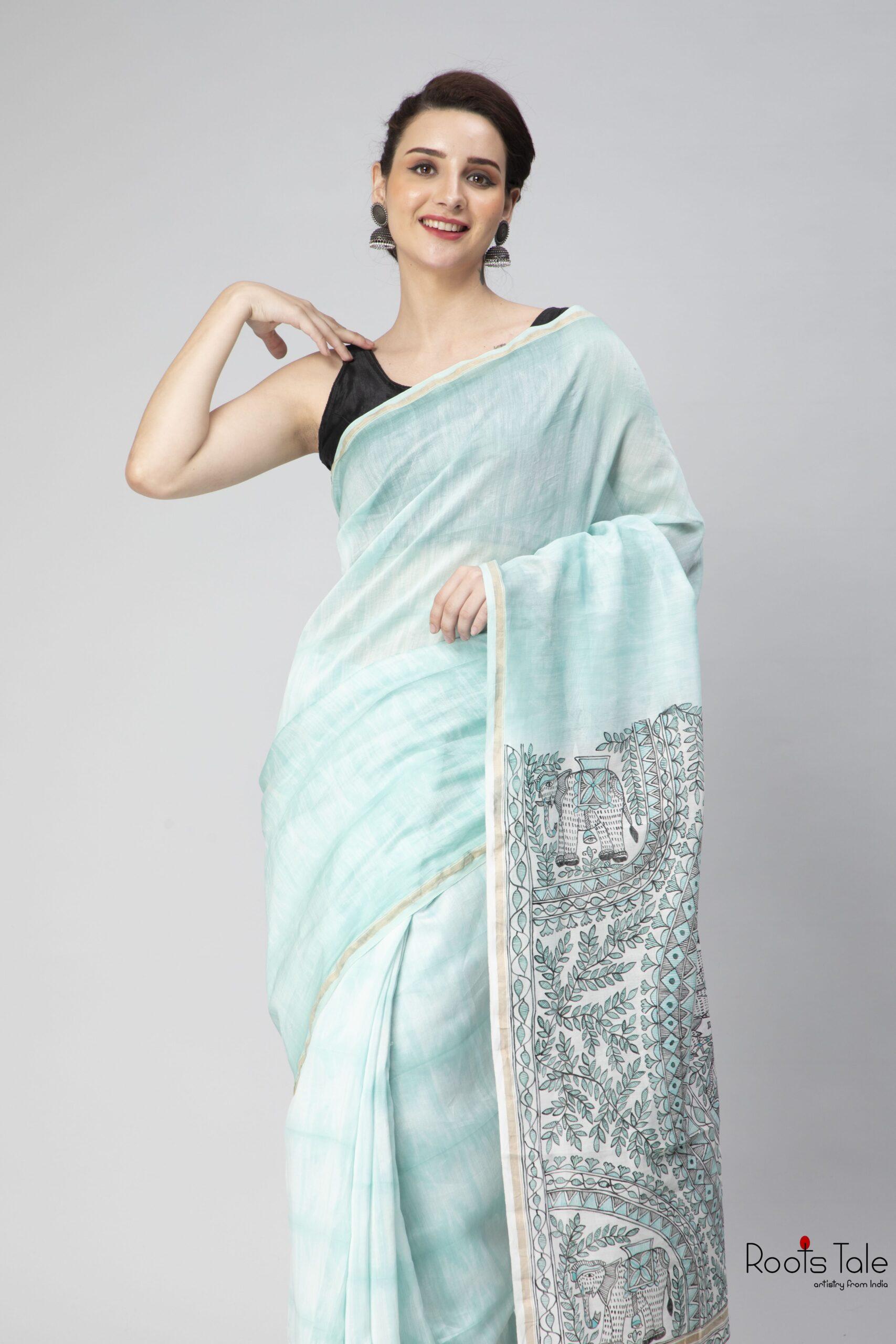 Blue Madhubani & Shibori Chanderi Saree - Image 6