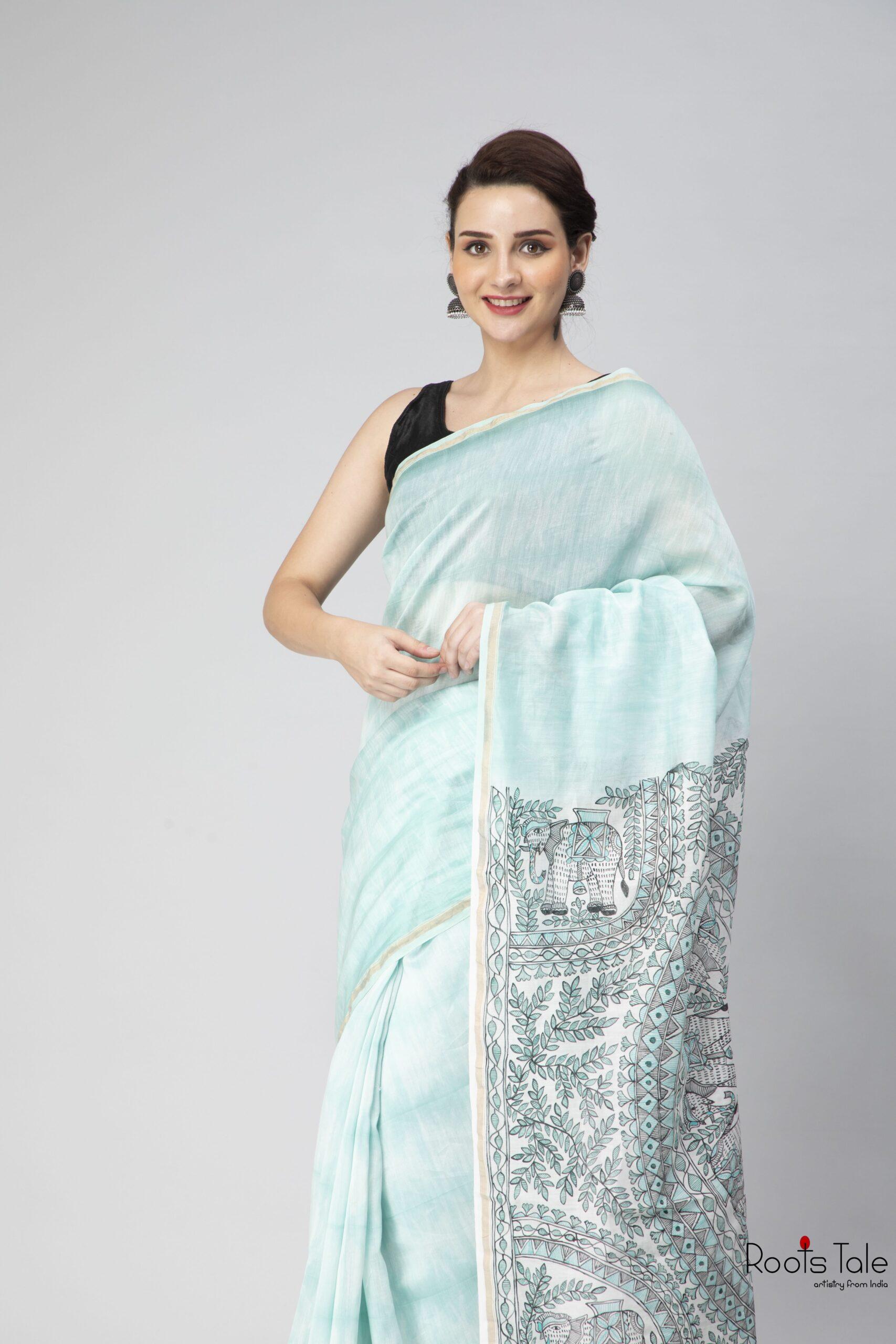 Blue Madhubani & Shibori Chanderi Saree - Image 3