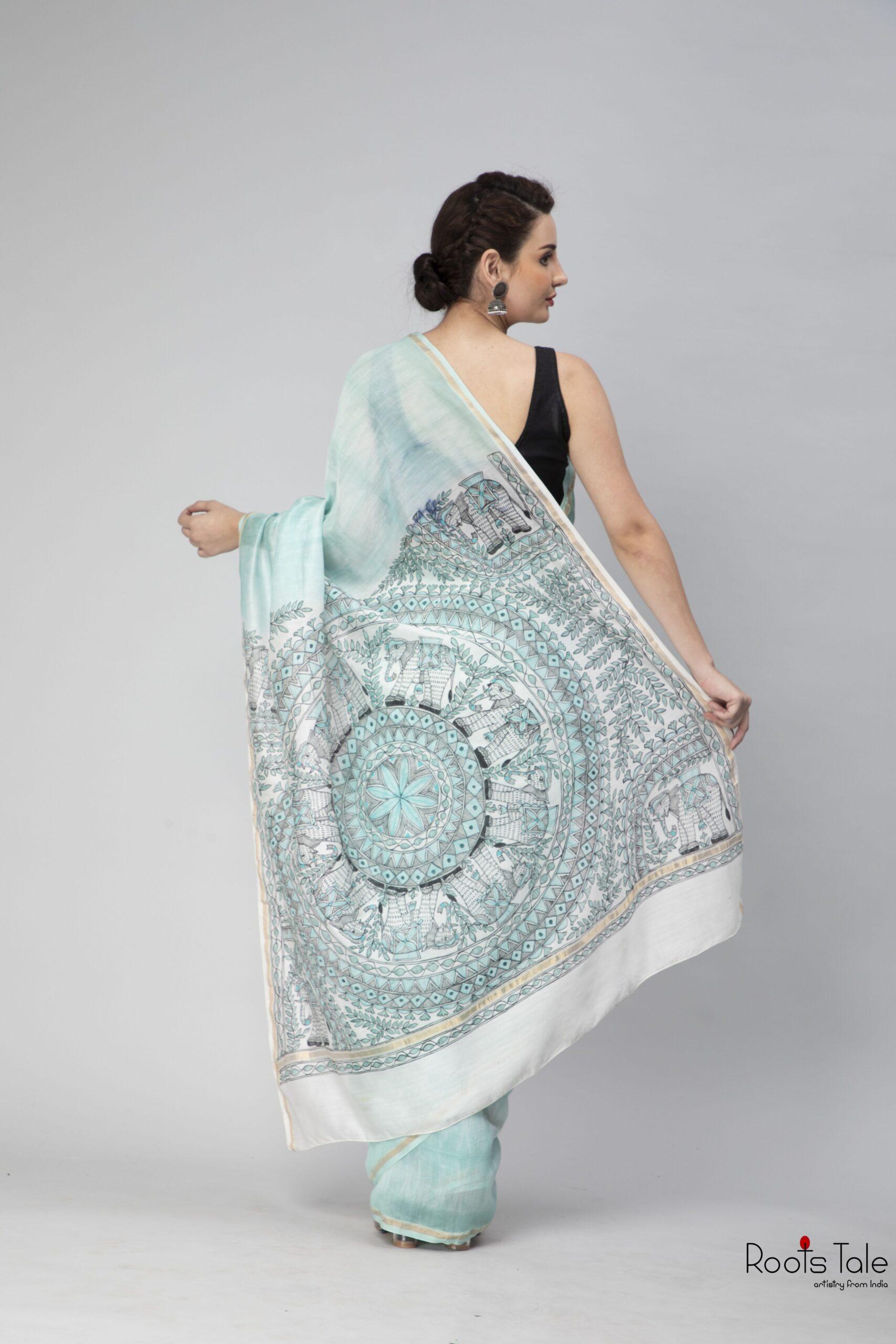 Blue Madhubani & Shibori Chanderi Saree - Image 5