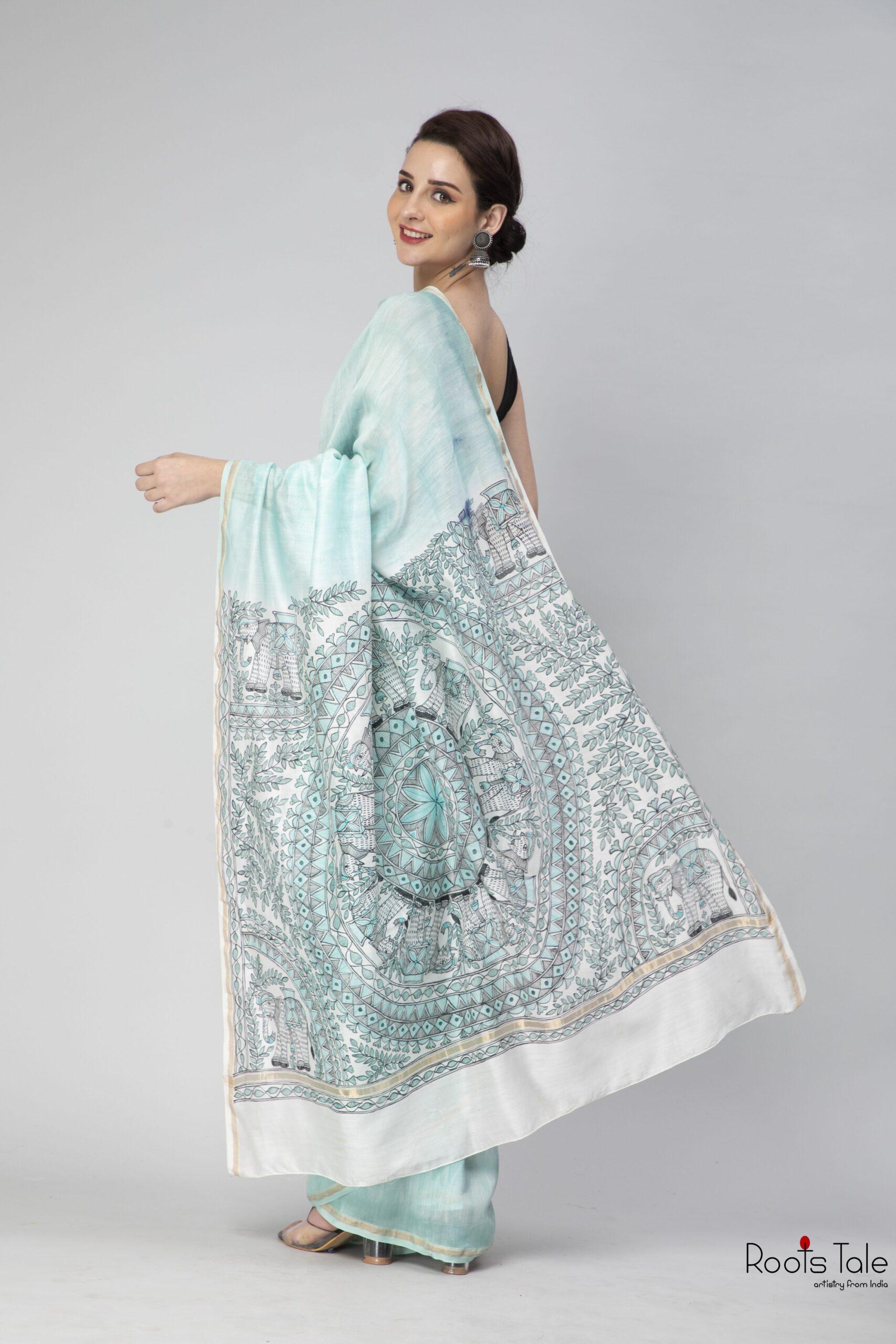 Blue Madhubani & Shibori Chanderi Saree - Image 4
