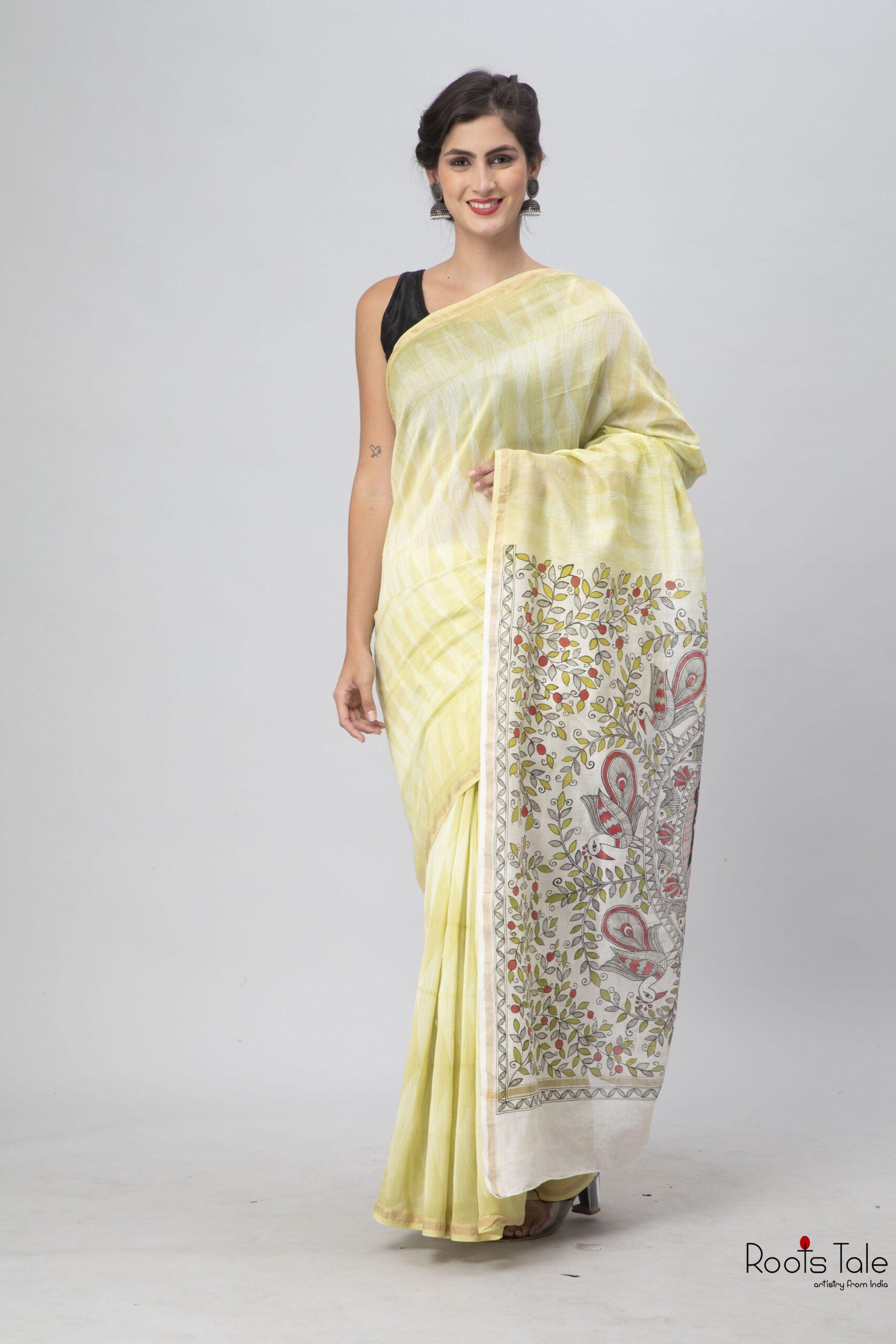 Mustred Yellow Madhubani & Shibori Chanderi Saree - Image 6
