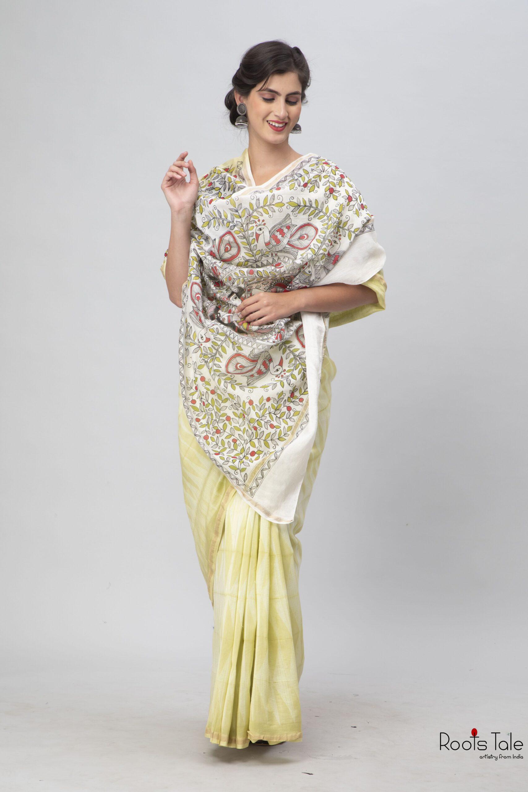 Mustred Yellow Madhubani & Shibori Chanderi Saree - Image 3