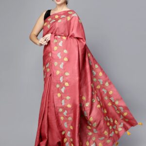 RED APPLIQUE AND SUJNI WORK SILK SAREE