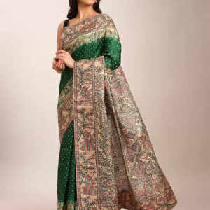 GREEN BANDHEJ AND MADHUBANI MULTICOLOR WORK TUSSER SILK SAREE
