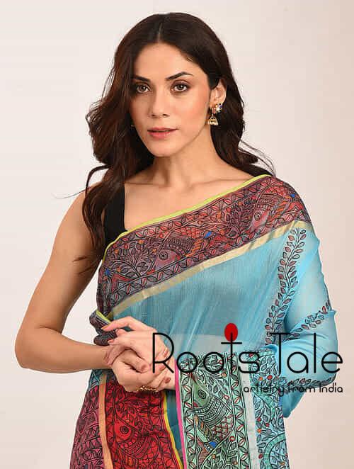 Blue Madhubani Chanderi Saree - Image 3