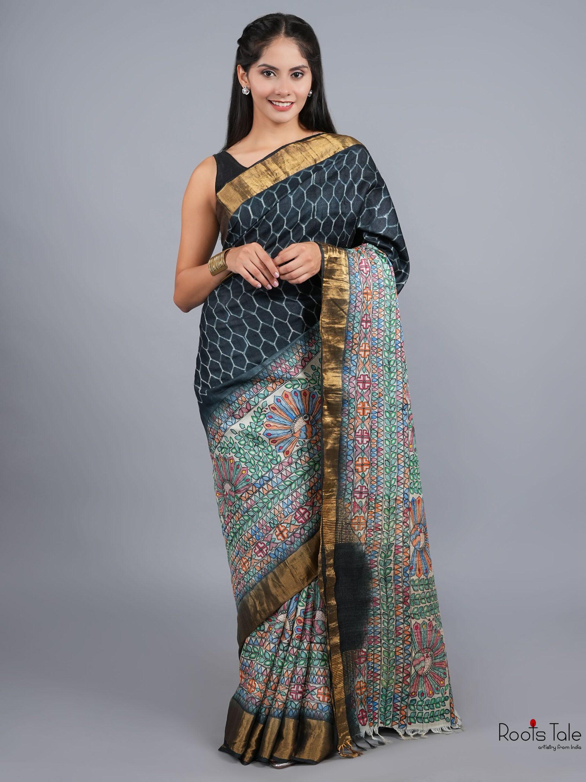 BLACK MADHUBANI SHIBOLRI SILK SAREE - Image 7