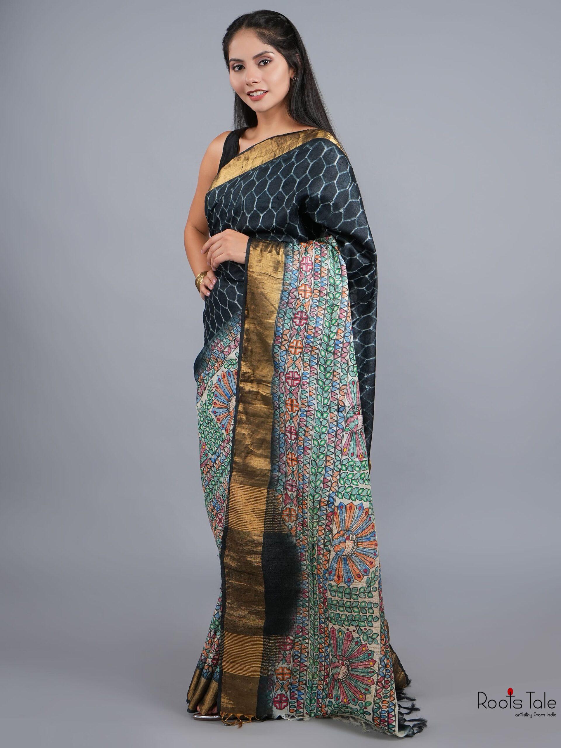 BLACK MADHUBANI SHIBOLRI SILK SAREE - Image 4