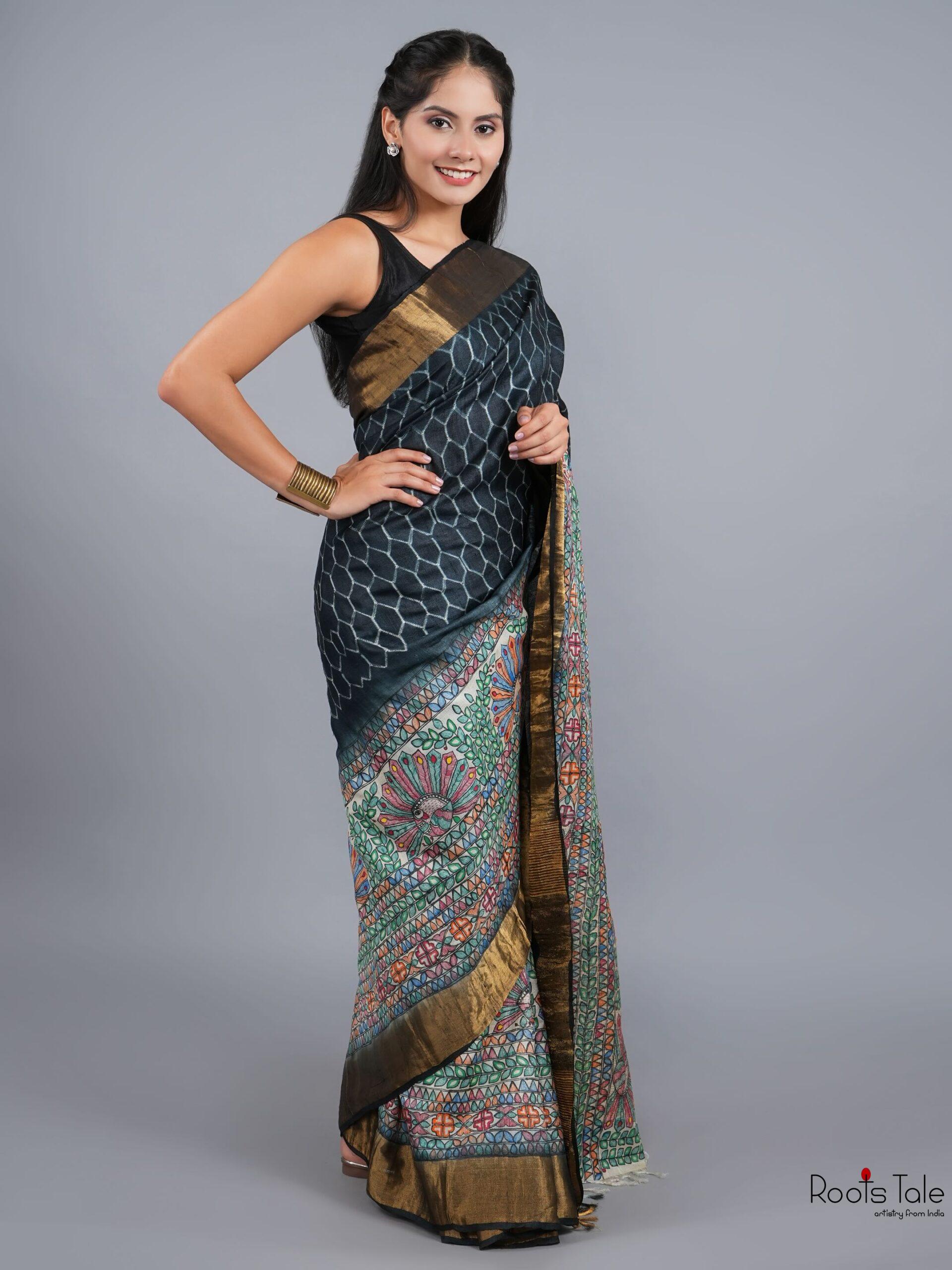 BLACK MADHUBANI SHIBOLRI SILK SAREE - Image 2