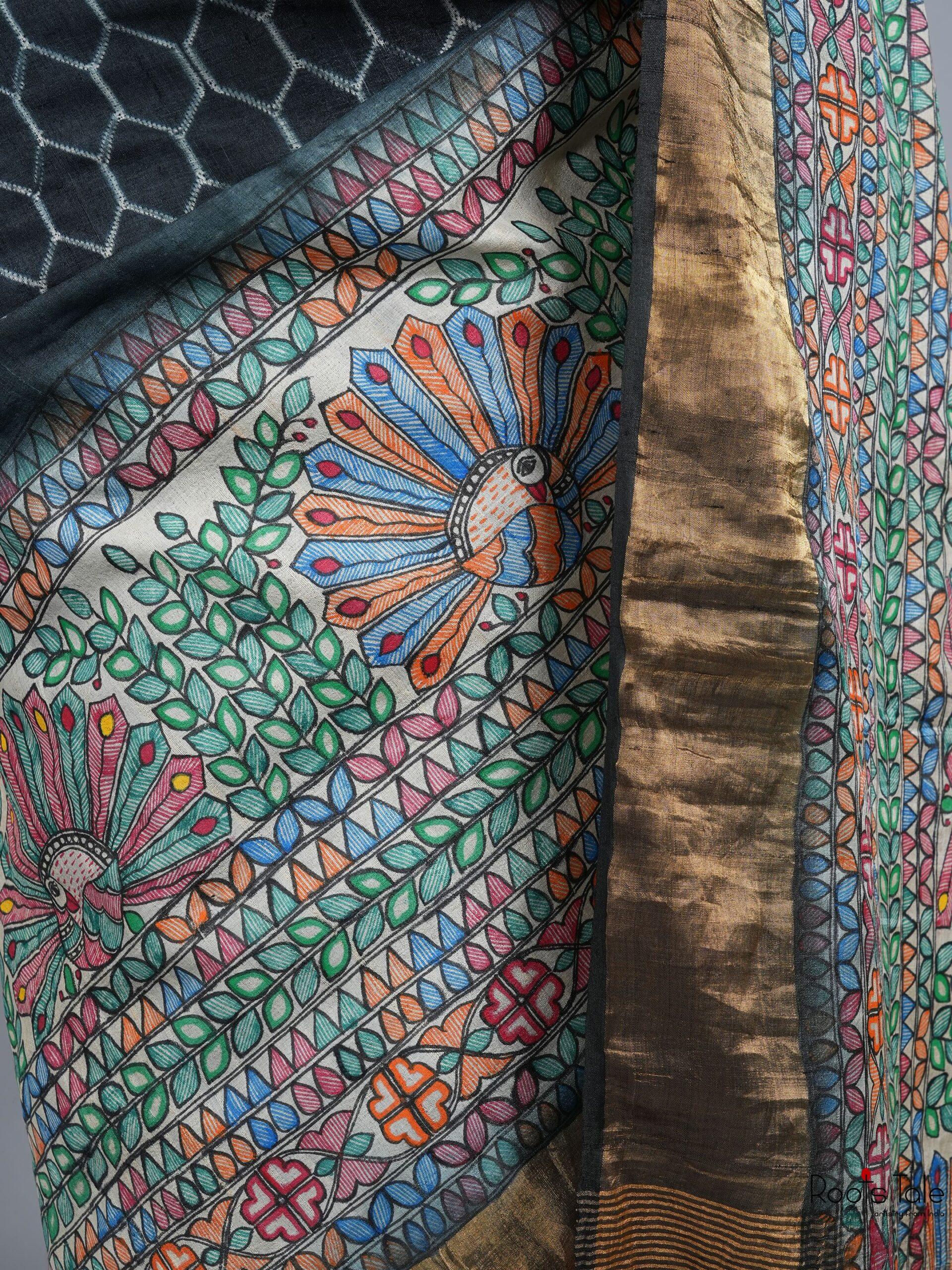 BLACK MADHUBANI SHIBOLRI SILK SAREE - Image 6