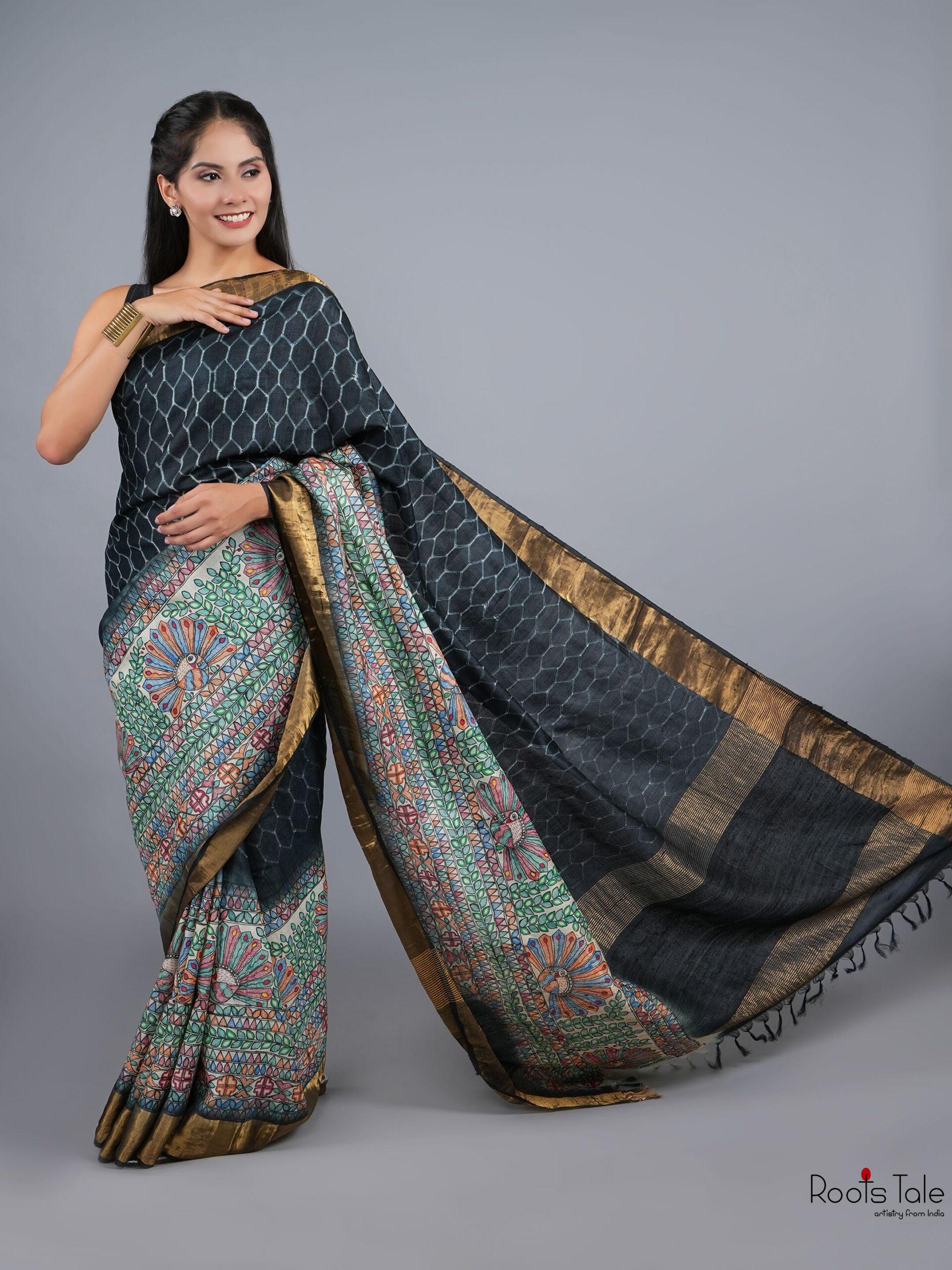 BLACK MADHUBANI SHIBOLRI SILK SAREE