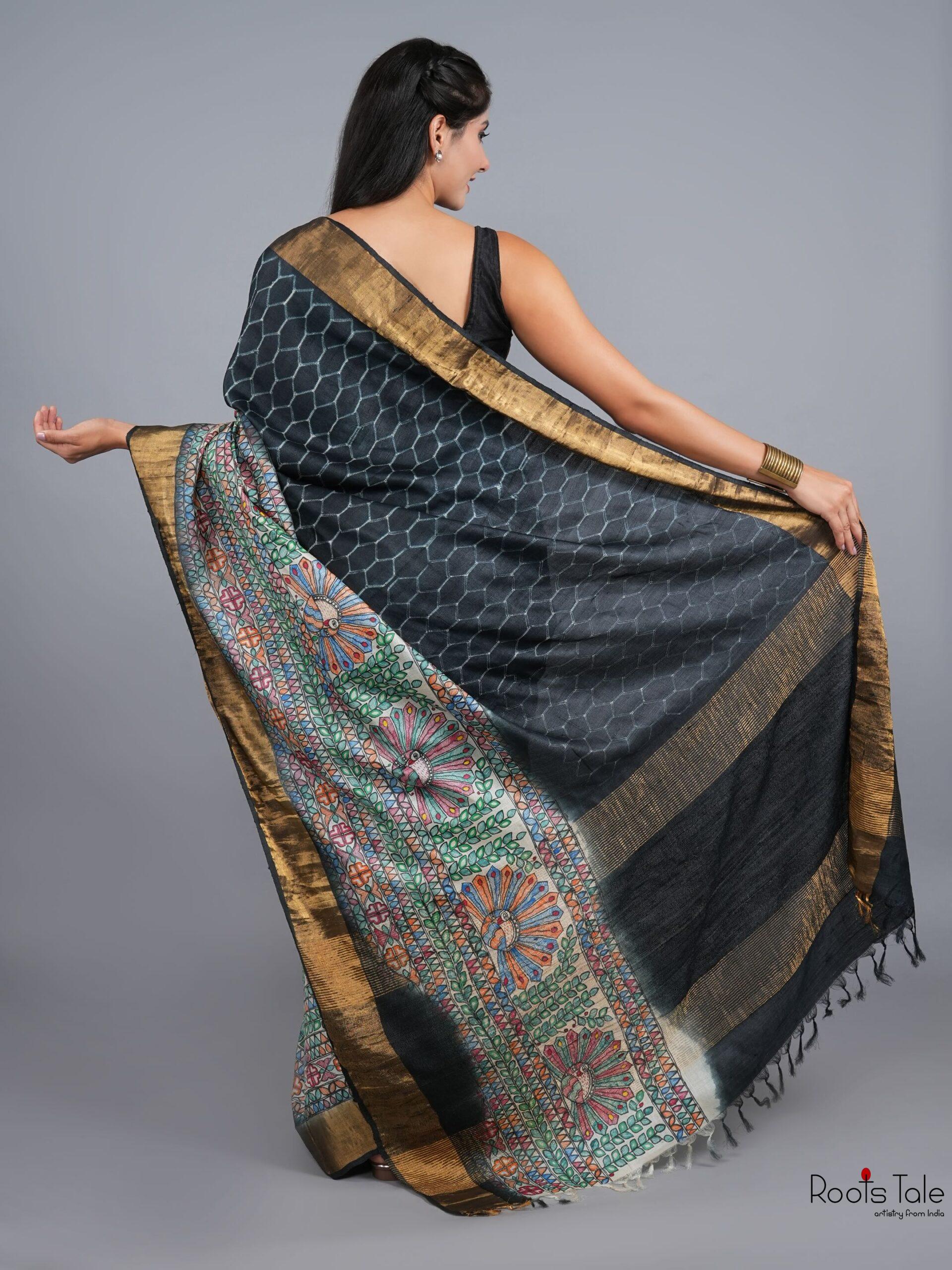 BLACK MADHUBANI SHIBOLRI SILK SAREE - Image 5