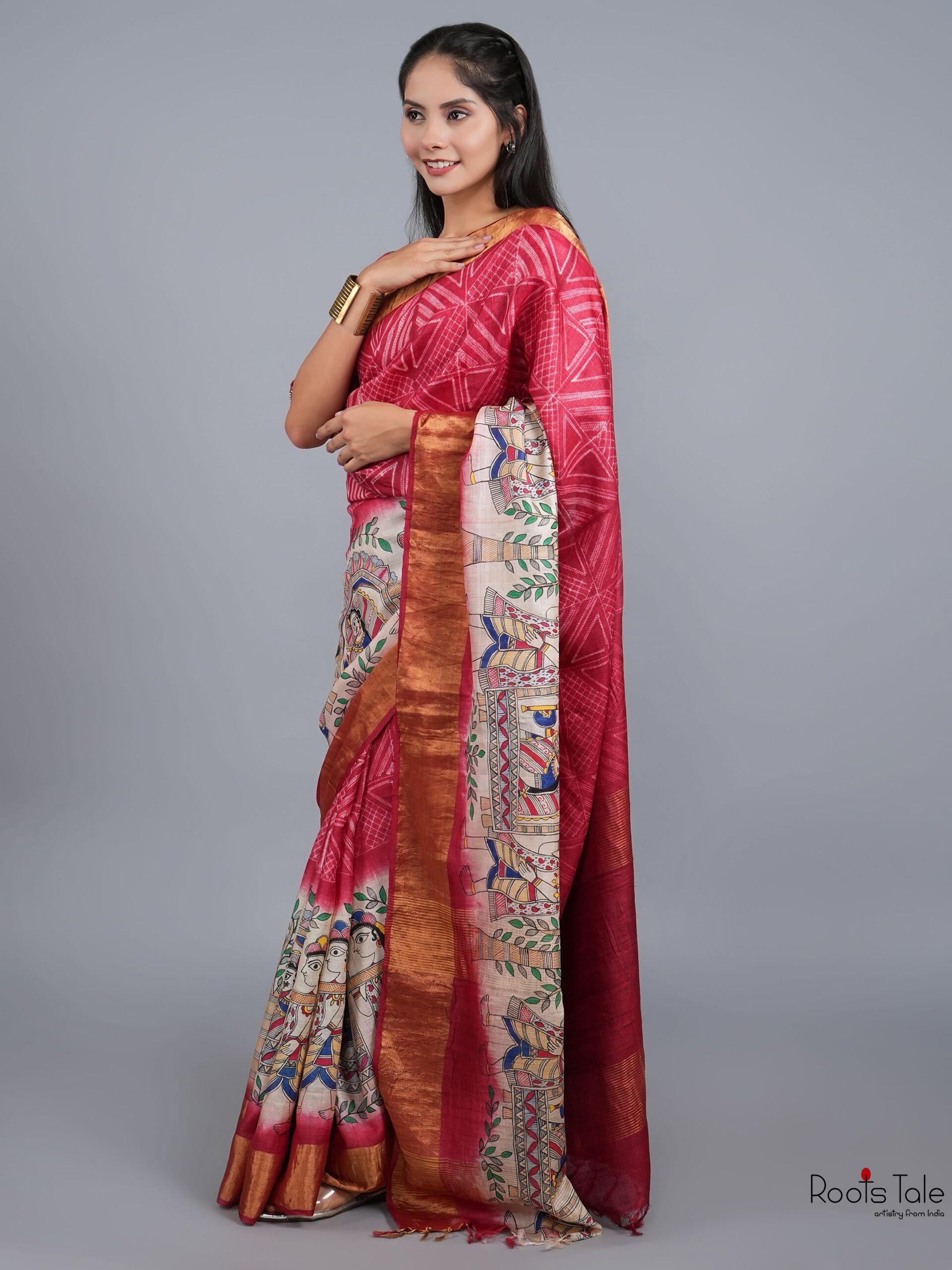 RED MADHUBANI SHIBOLRI SILK SAREE - Image 7
