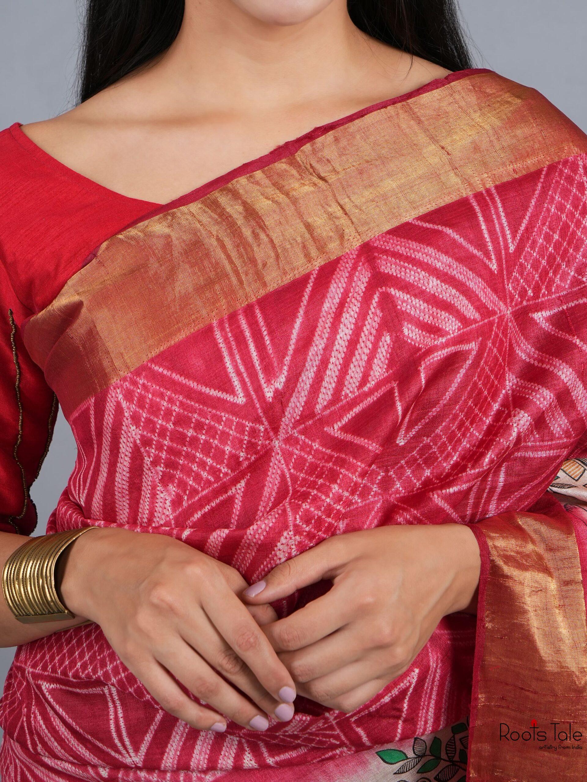 RED MADHUBANI SHIBOLRI SILK SAREE - Image 6
