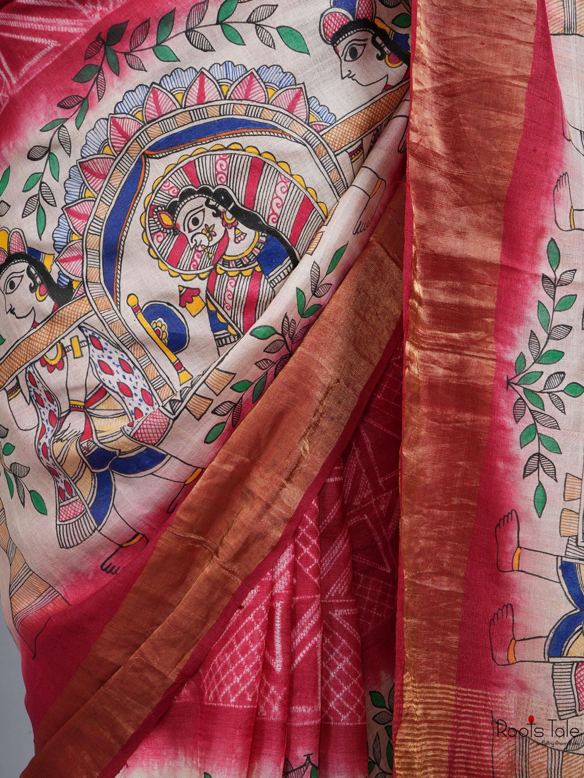 RED MADHUBANI SHIBOLRI SILK SAREE - Image 5