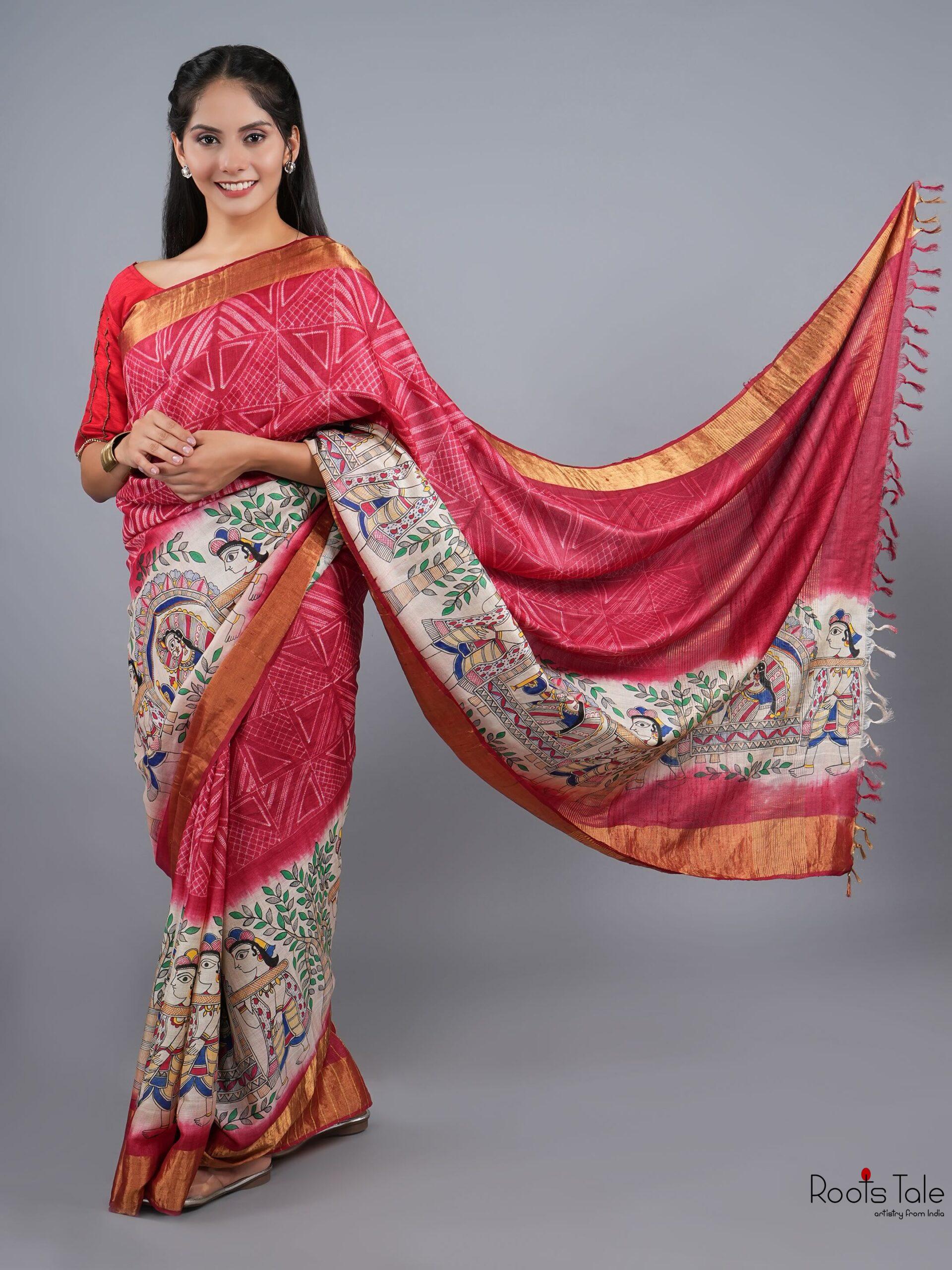 RED MADHUBANI SHIBOLRI SILK SAREE