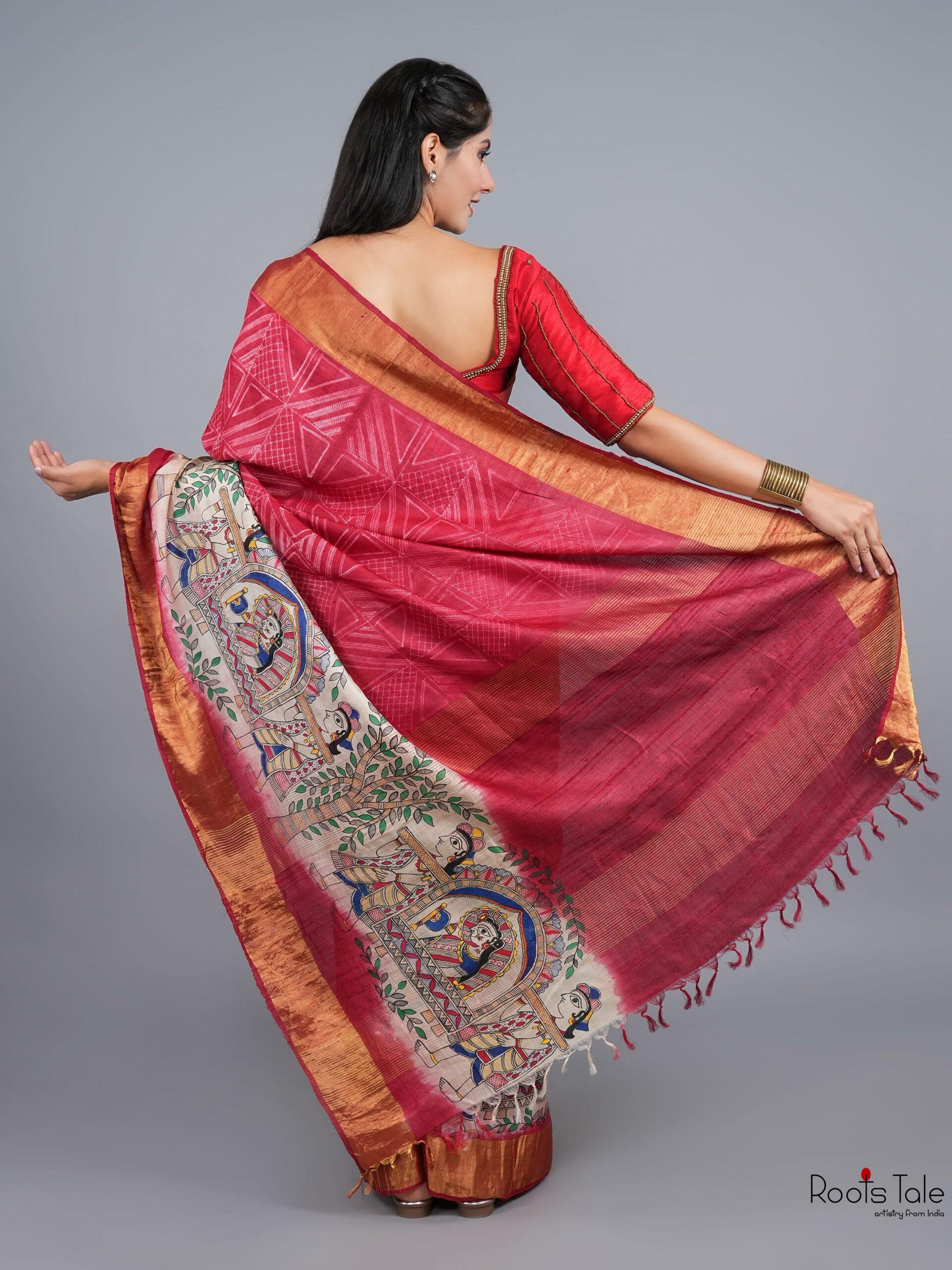 RED MADHUBANI SHIBOLRI SILK SAREE - Image 3