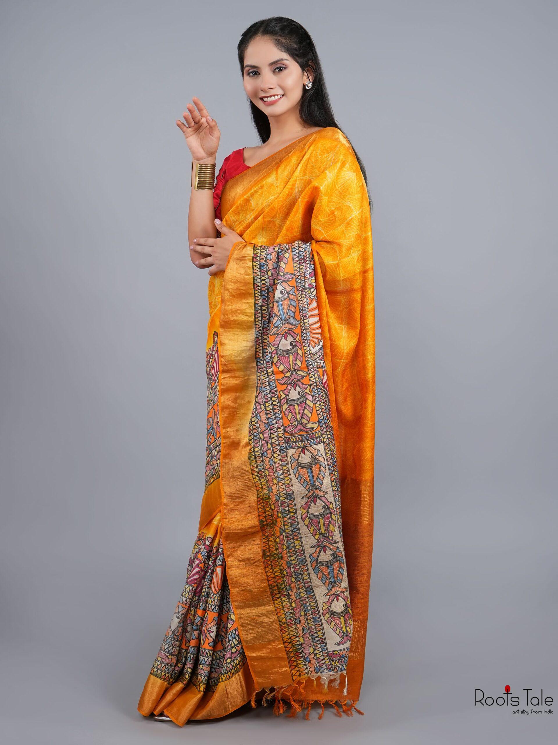 ORANGE MADHUBANI SHIBOLRI SILK SAREE - Image 5