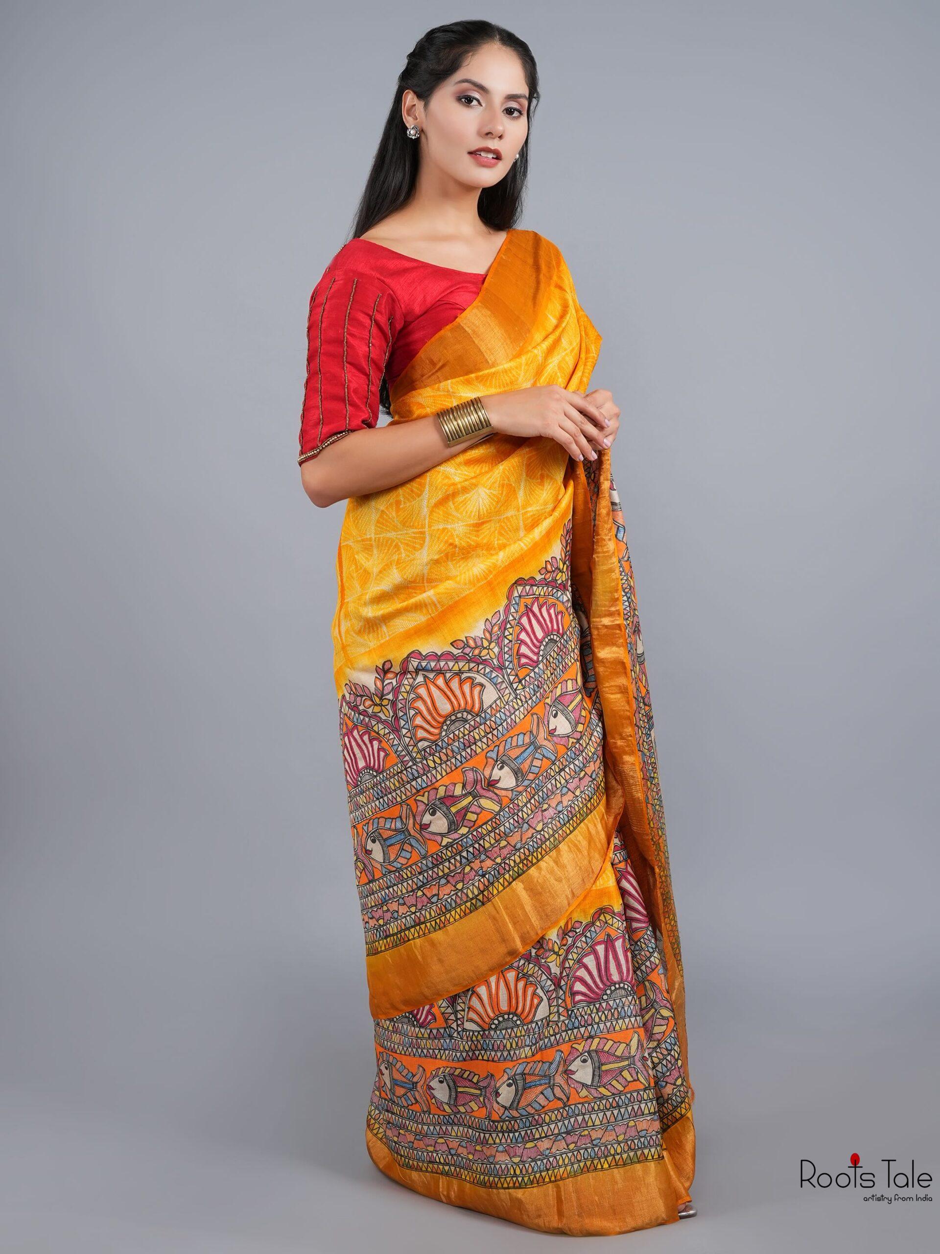ORANGE MADHUBANI SHIBOLRI SILK SAREE - Image 4