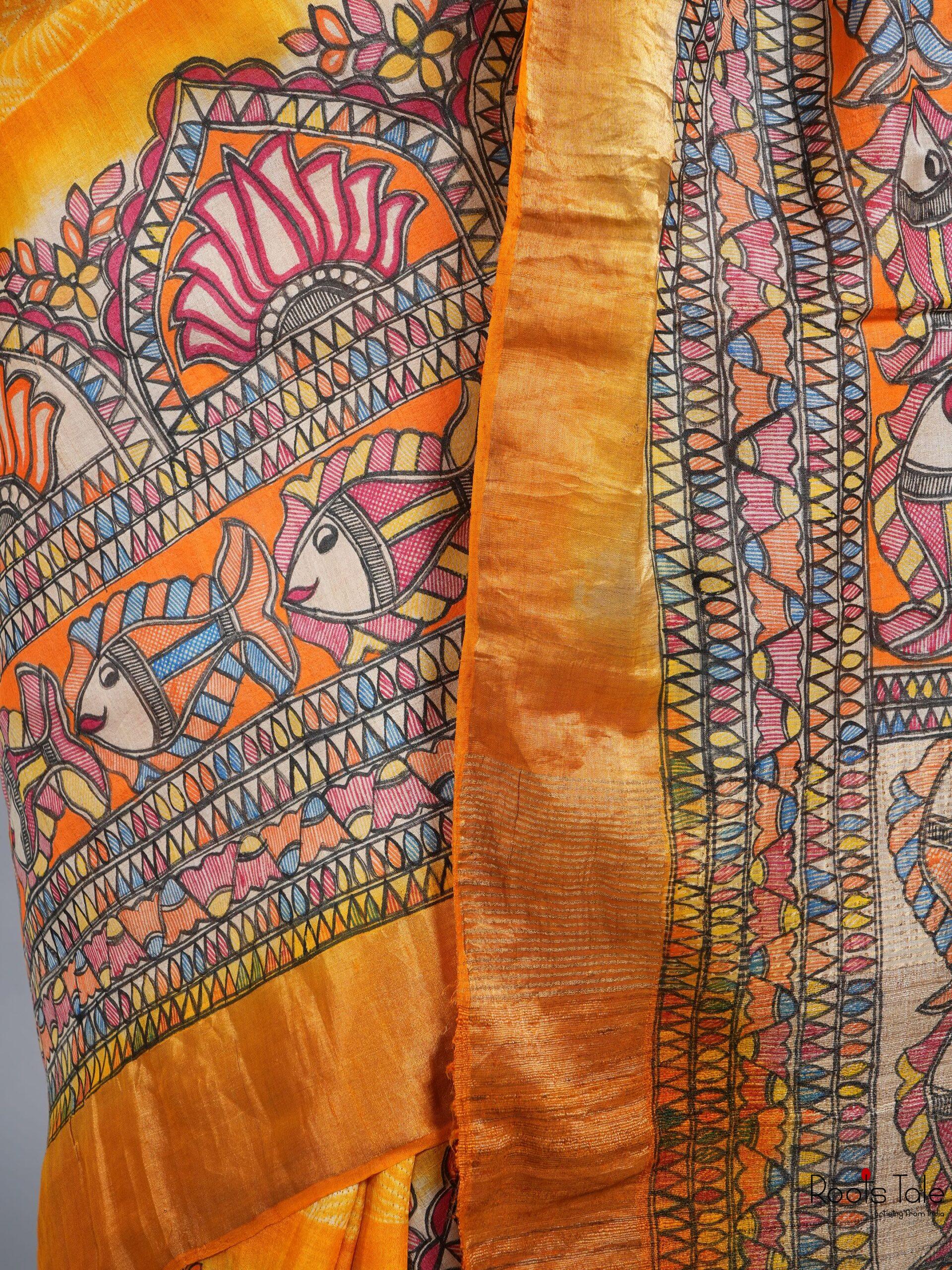 ORANGE MADHUBANI SHIBOLRI SILK SAREE - Image 6