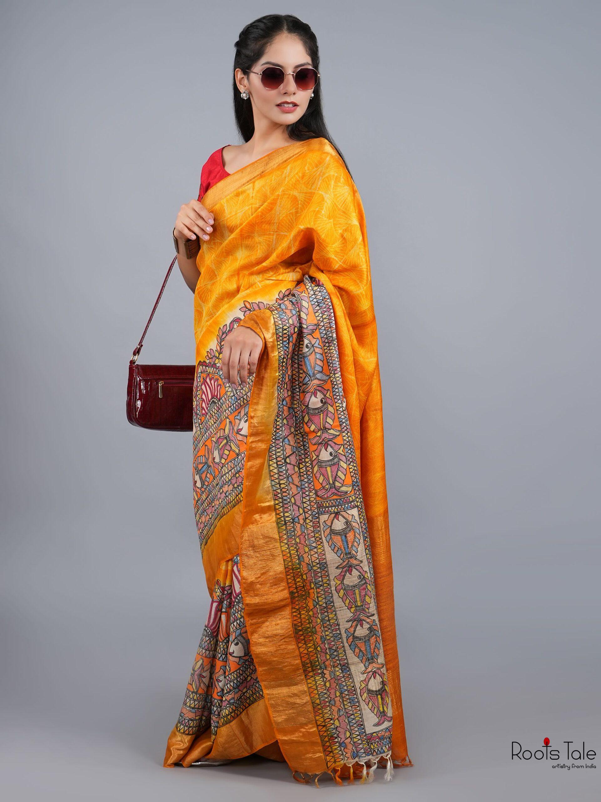 ORANGE MADHUBANI SHIBOLRI SILK SAREE - Image 2