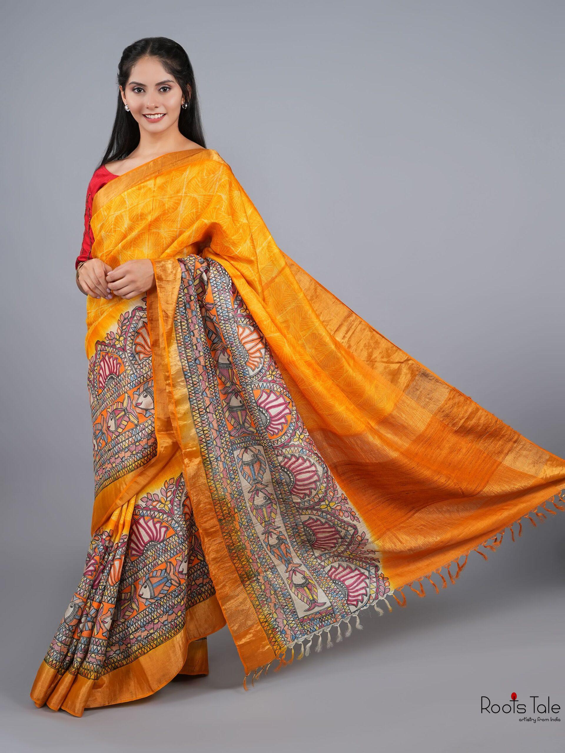 ORANGE MADHUBANI SHIBOLRI SILK SAREE