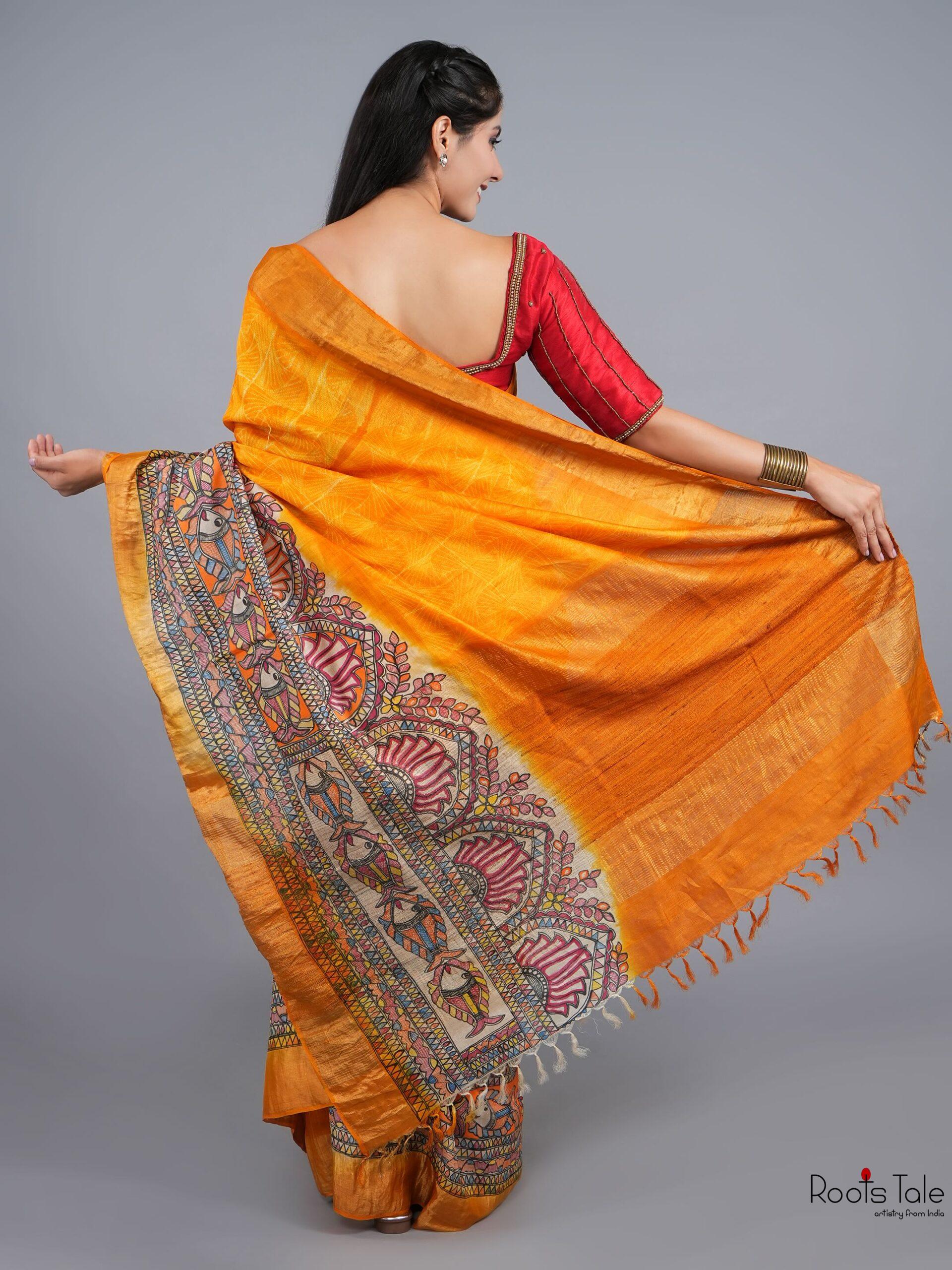 ORANGE MADHUBANI SHIBOLRI SILK SAREE - Image 3
